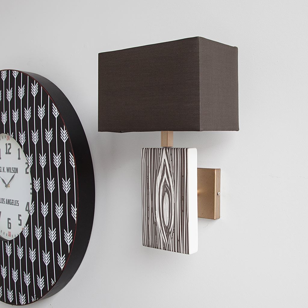 Maravilla III 11x17 Black/White Pattered Base Black Fabric Shade Wall Sconce, by Mercana, 11" length x 8.5" width x 17" height View 3