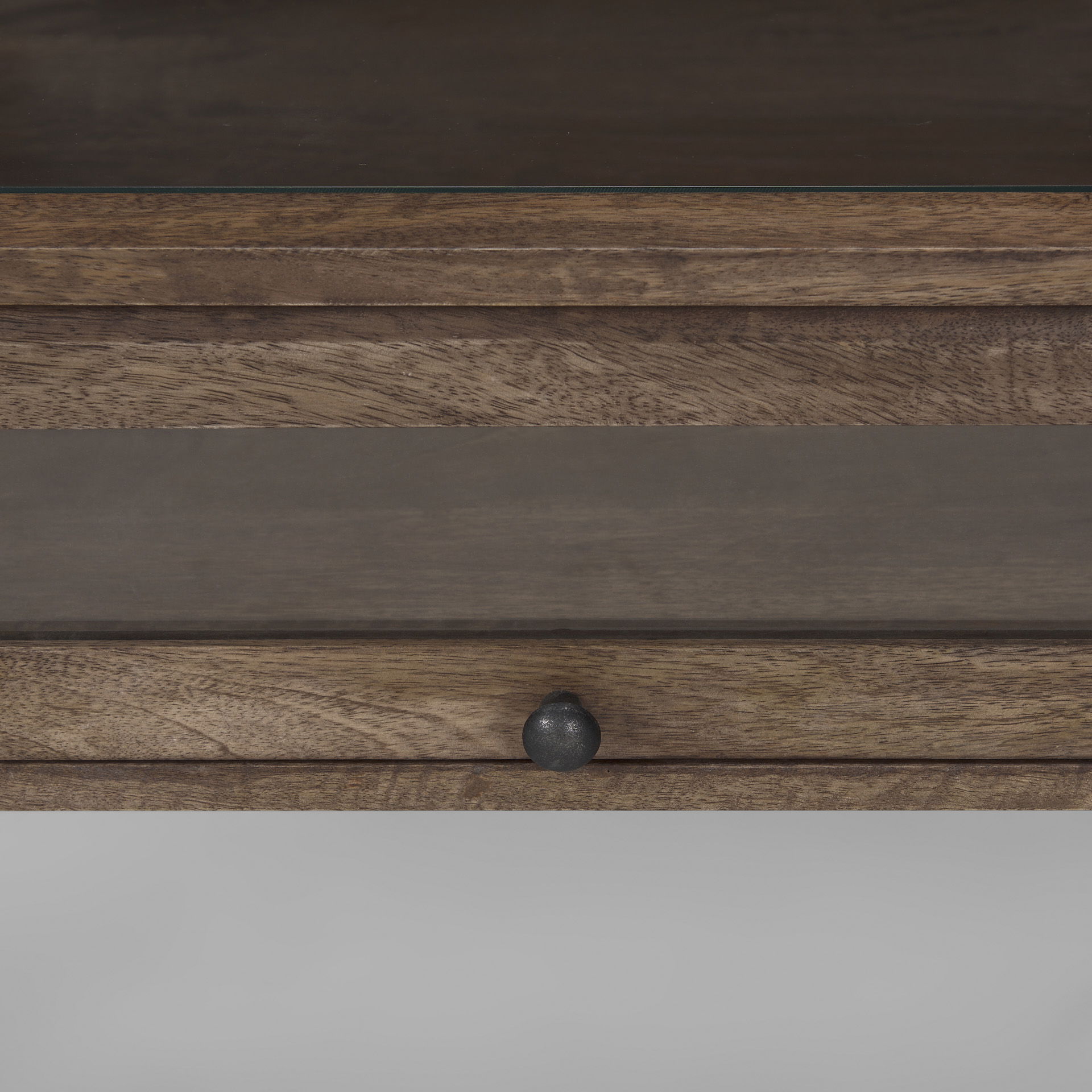 Arelius Rectangular Glass-Top Medium Brown Wood with Black Metal Base Display Coffee Table, by Mercana, 49.5" length x 29" width x 15" height View 6