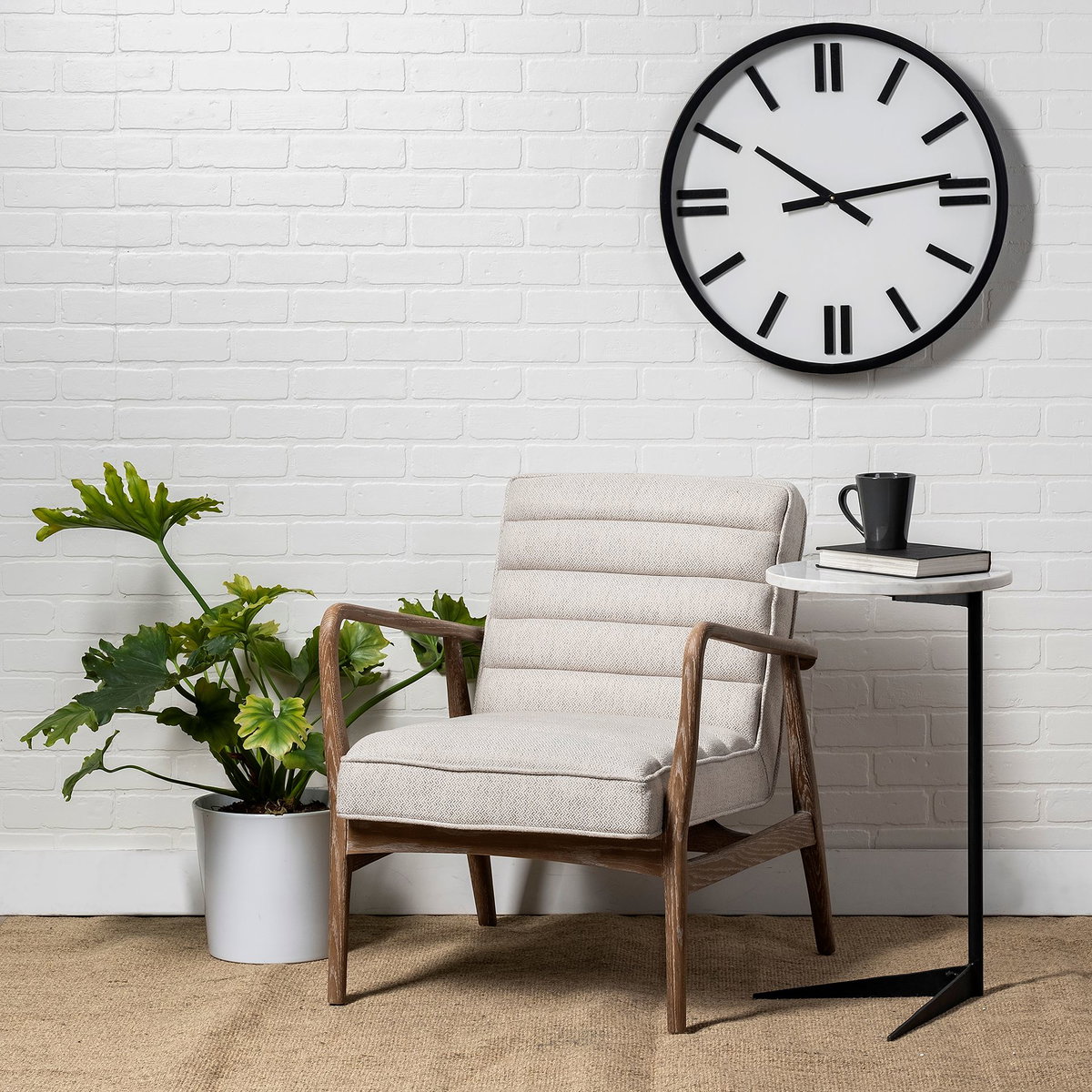 Ajax II Cream Fabric with Brown Wooden Frame Accent Chair, by Mercana, 27" length x 28" width x 30.5" height View 2