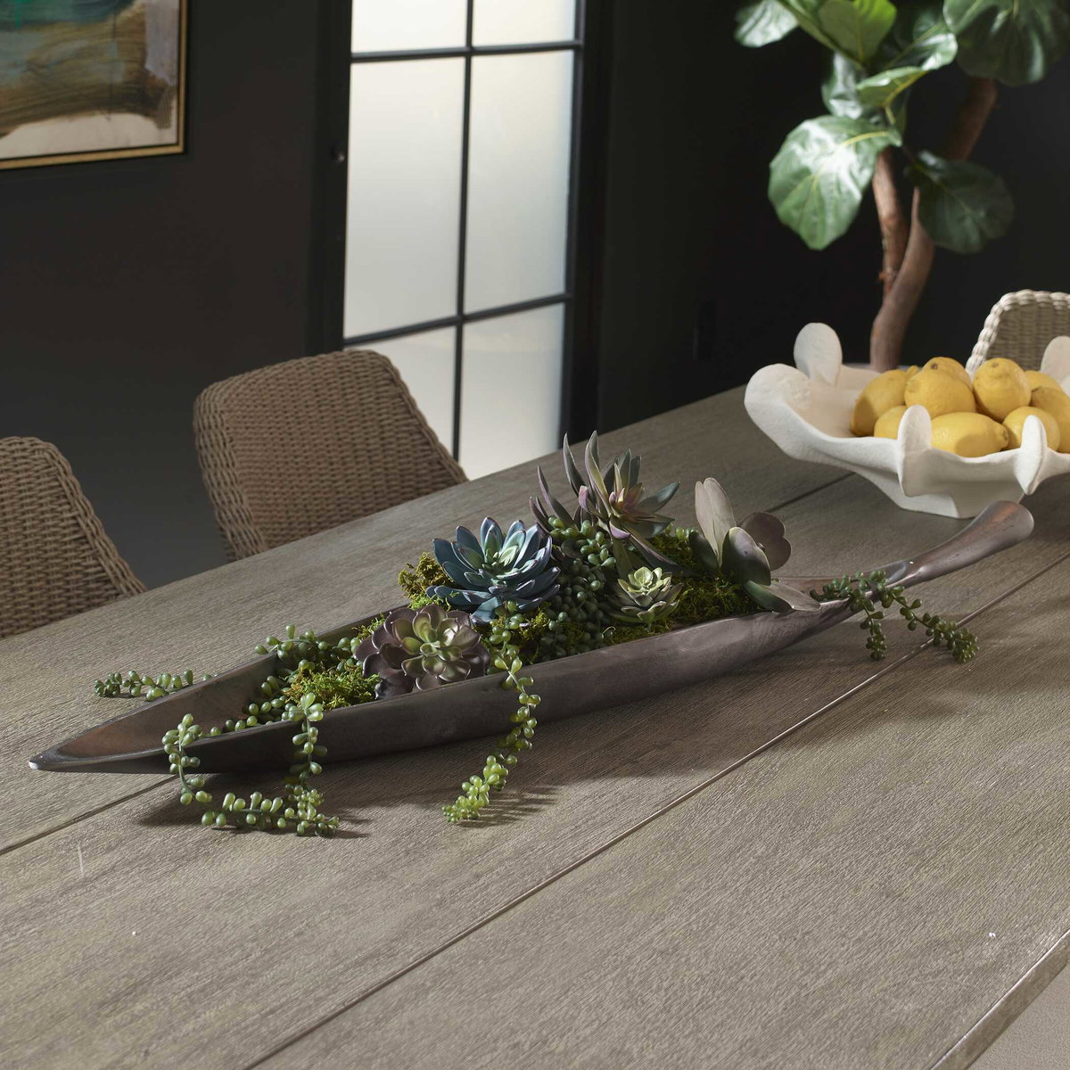 Leaflet Dark Nickel Outdoor Bowl, Decorative Tray by Uttermost, 43" width x 4" height x 9.5" depth View 2
