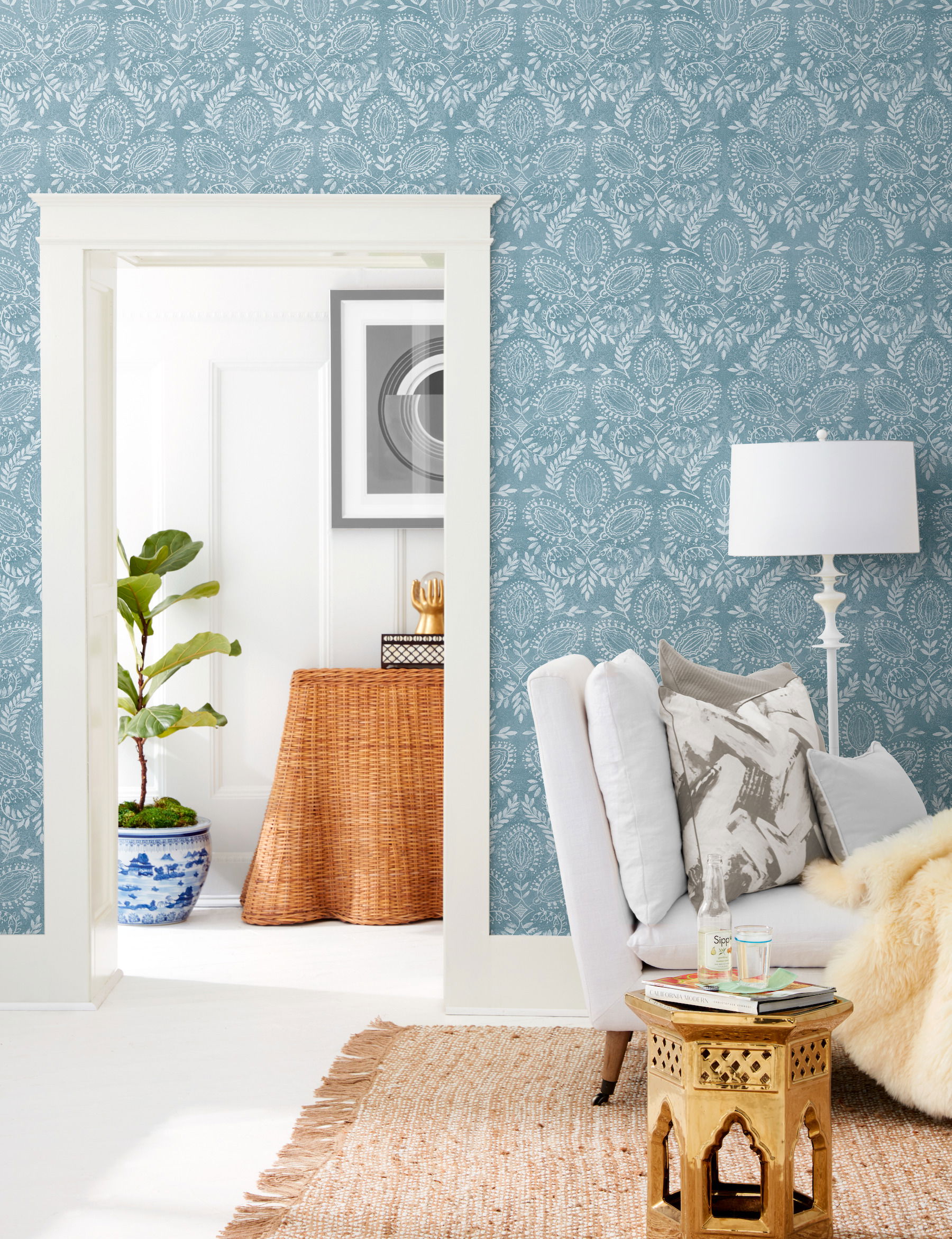 Laurel Damask Blue Wallpaper large image 