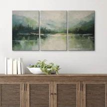 Online Designer Home Office Abstract Landscape Faux Texture Emerald Green Mountain Lake Framed Canvas 3 Pieces Print Wall Art