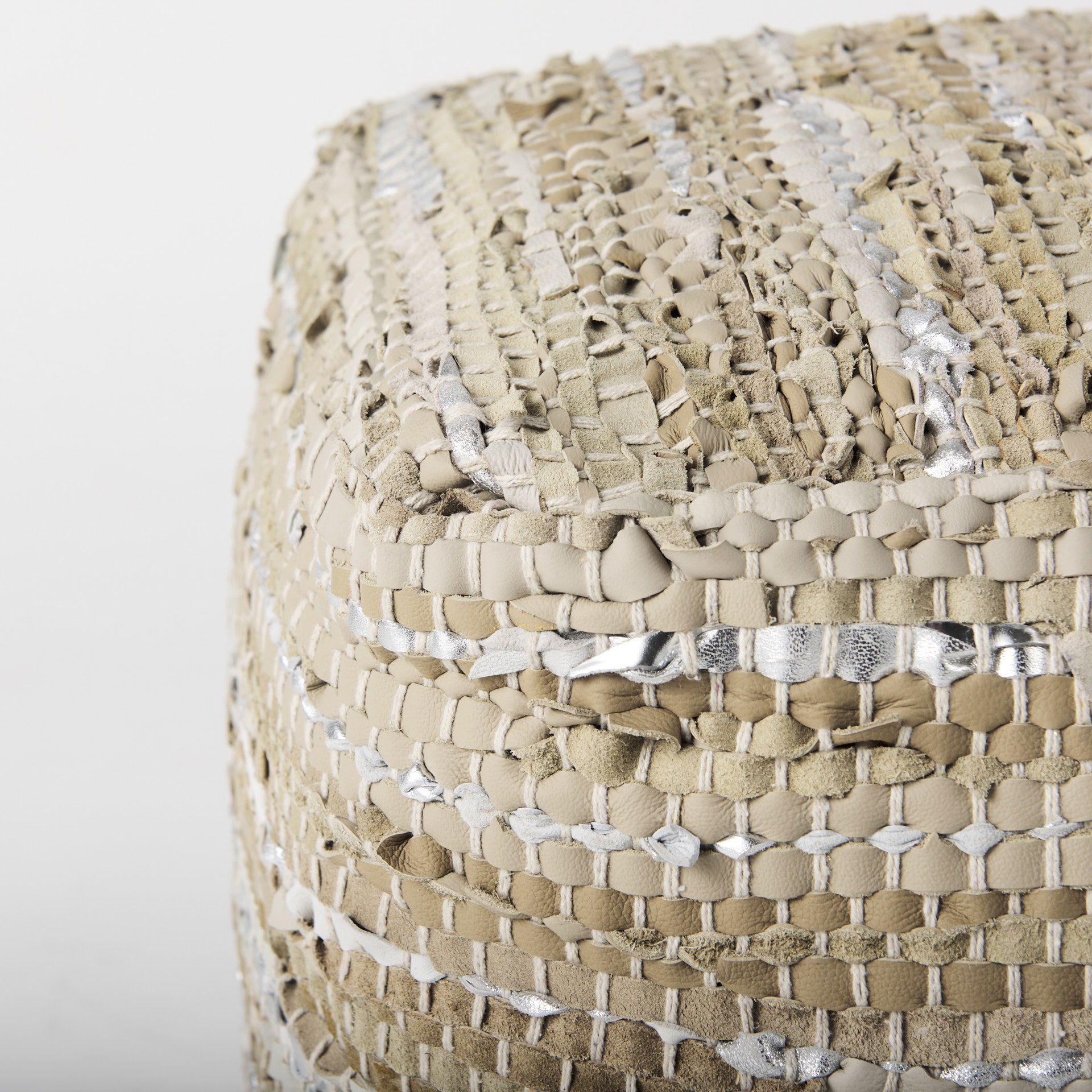 Aadhya  Taupe/Silver Leather and Cotton Pouf, Ottoman by Mercana, 16" length x 16" width x 16" height View 6