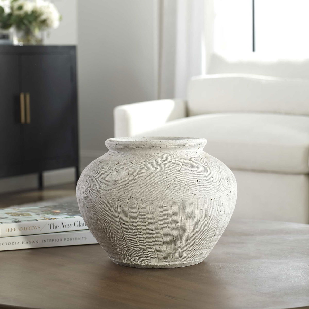 Floreana Round White Vase, by Uttermost, 12" width x 9" height x 12" depth View 3
