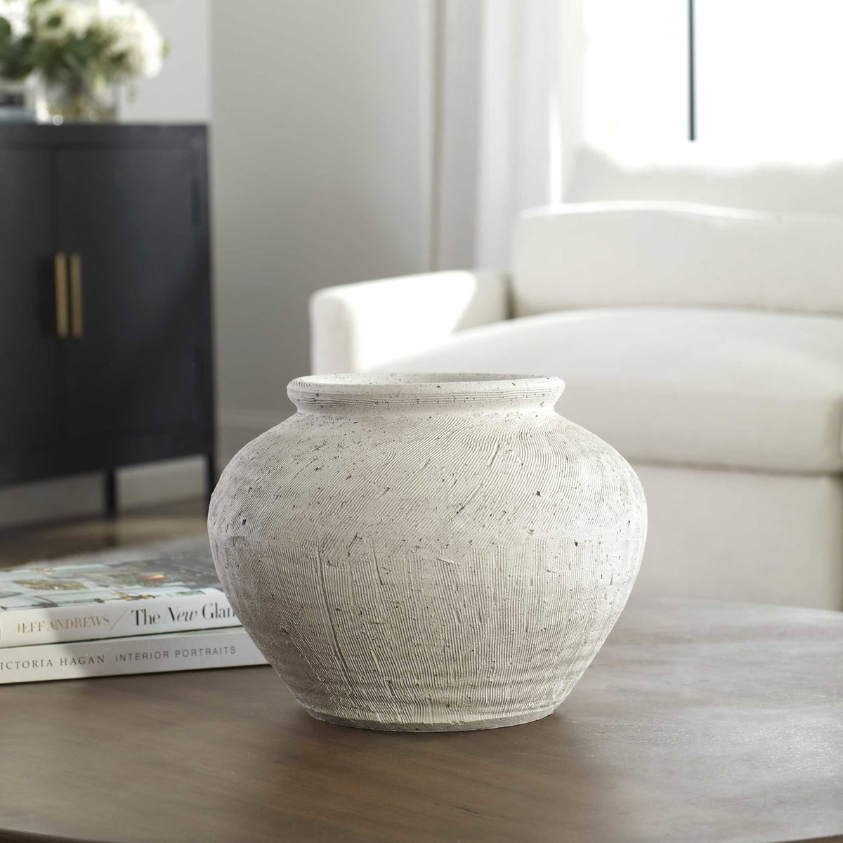 Floreana Round White Vase, by Uttermost, 12" width x 9" height x 12" depth View 3
