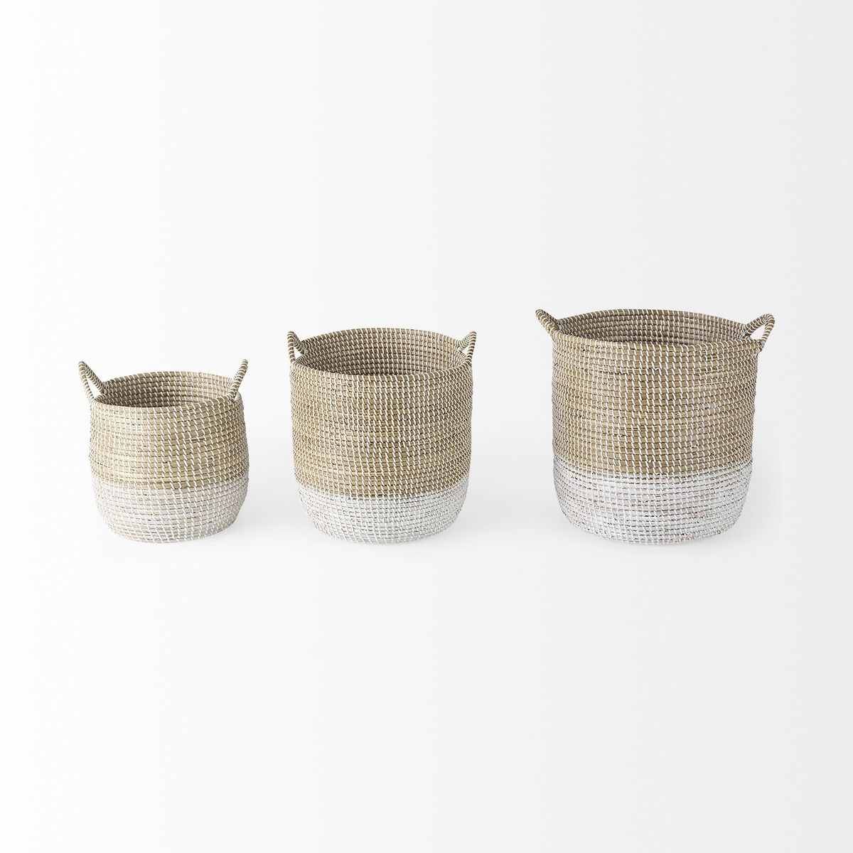 Maddie (Set of 3) Light Brown with White Dipped Seagrass Round Basket  with Handles, Bins & Basket by Mercana, 15.75" length x 15.75" width x 17.32" height View 3