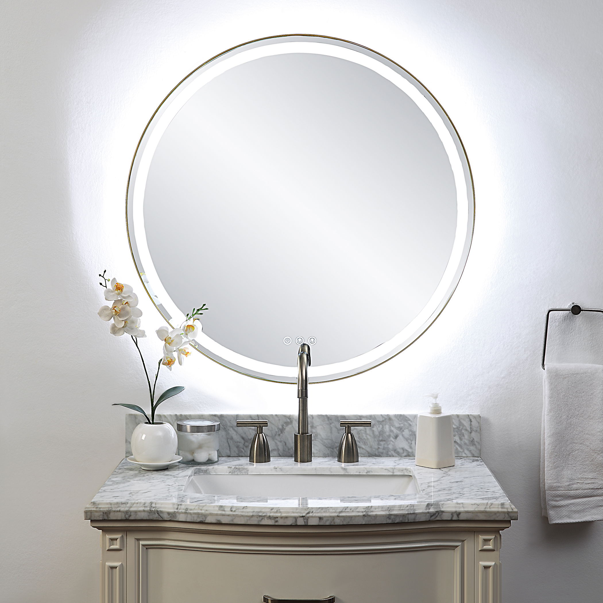 Crofton Lighted Brass Round Mirror large image 