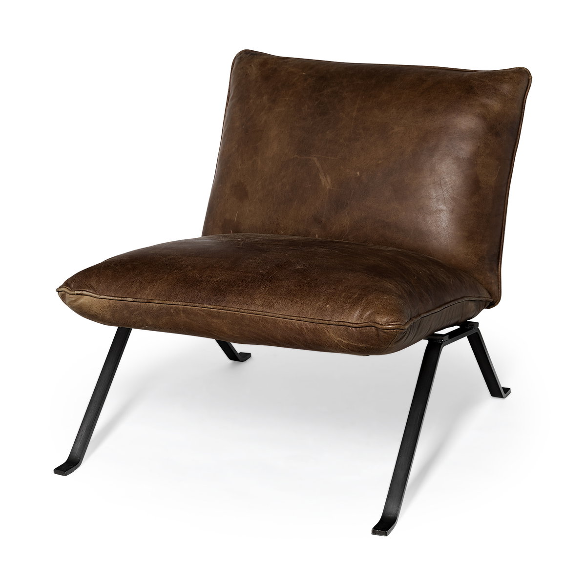 Flavelle I Brown Leather Cushion Seat and Solid Iron Base Accent Chair, by Mercana, 28.35" length x 33.07" width x 27.53" height View 1