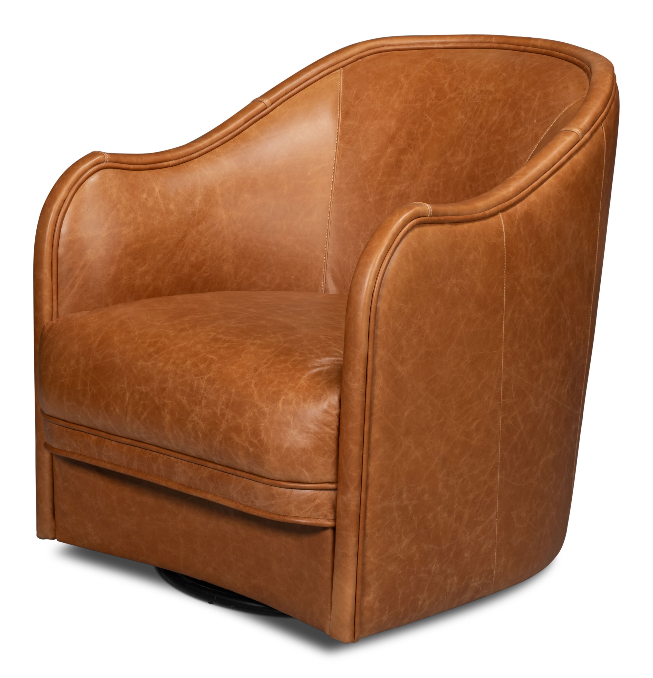 Braxton Leather Swivel Chair, Brown, Seating by Sarreid, 28" length x 36" width x 34" height View 1
