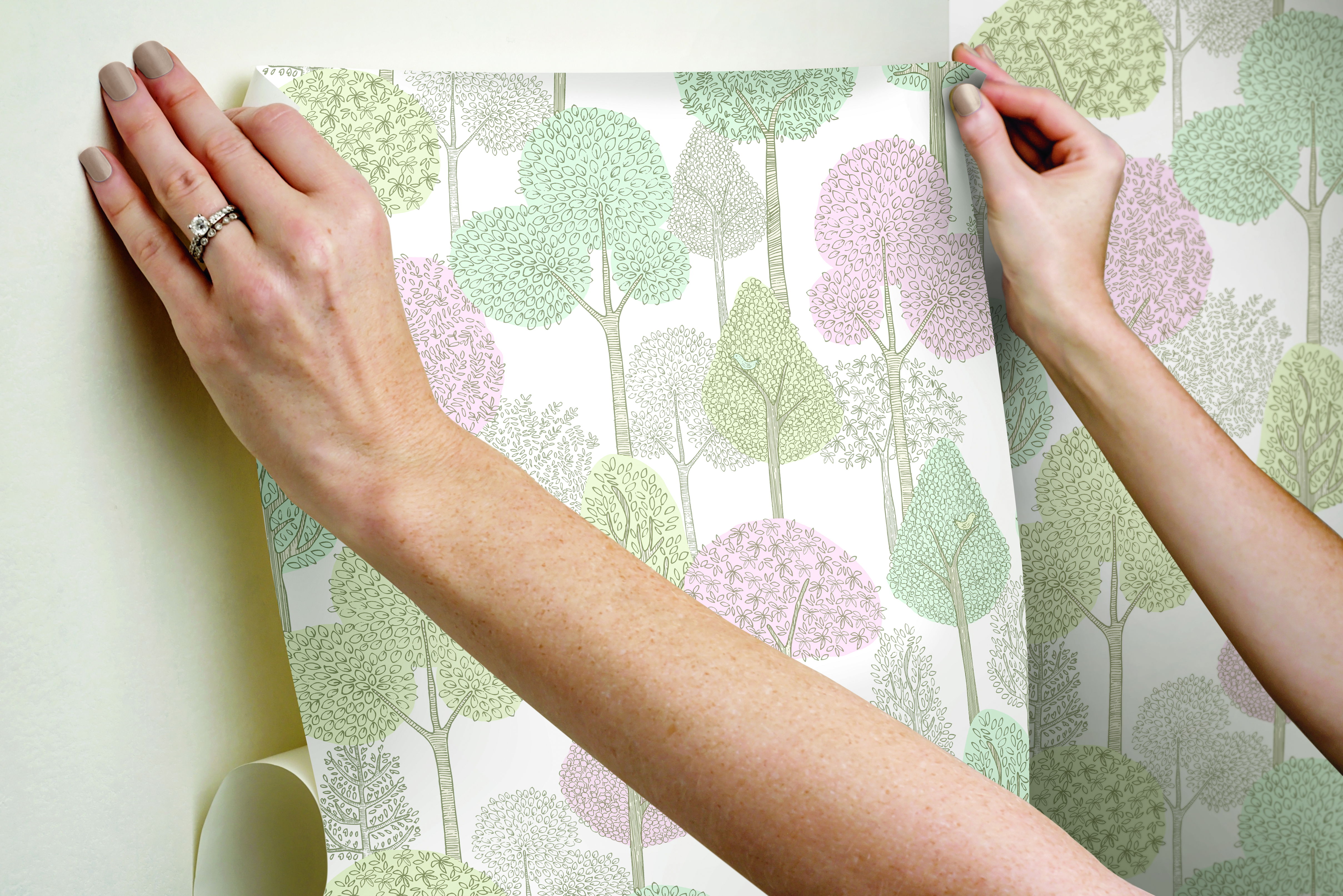 Treetops Pink & Mint Peel & Stick Wallpaper large image 
