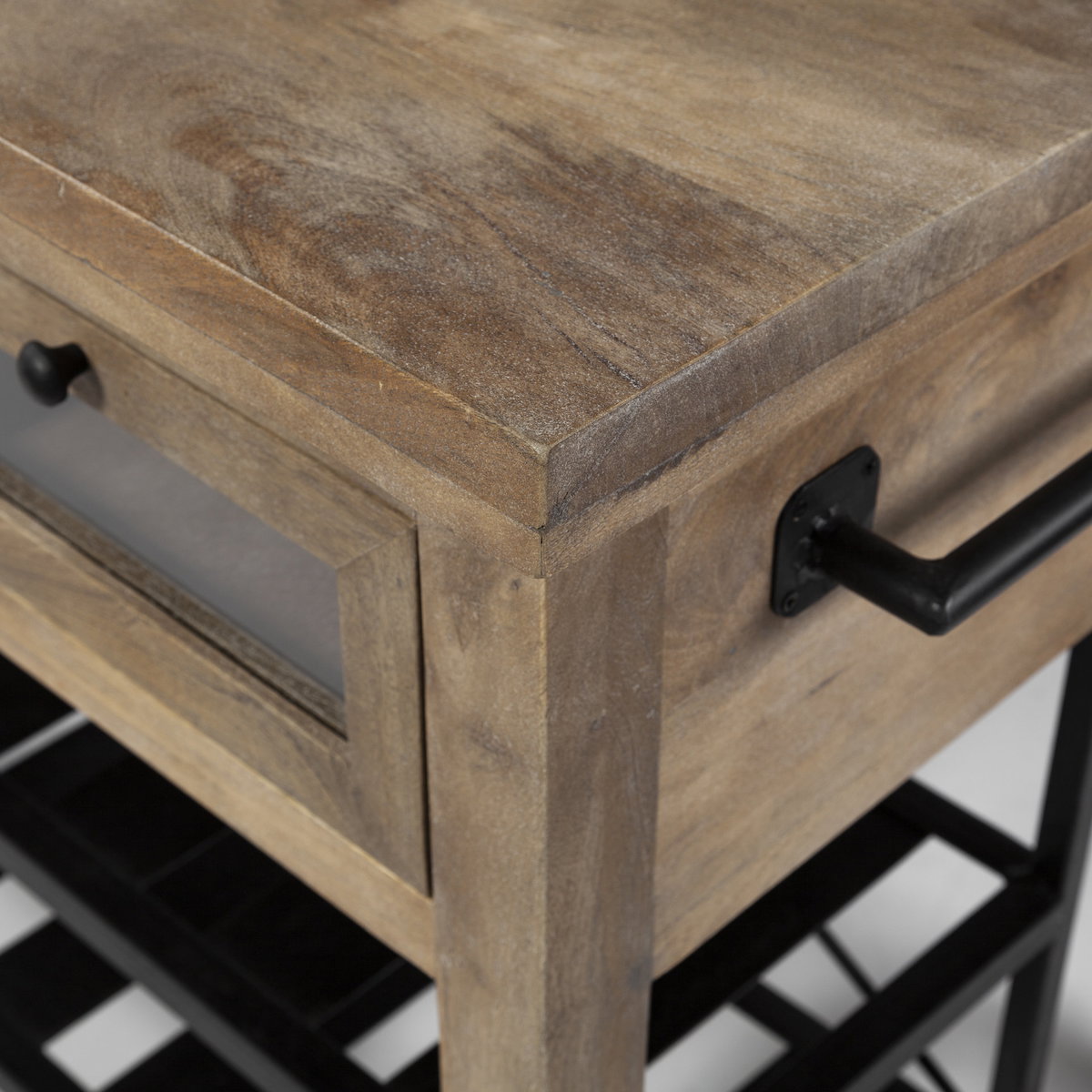 Stuart I Brown Solid Wood Top Two-Tier Black Metal Rolling Kitchen Island, by Mercana, 28" length x 63" width x 34.75" height View 9