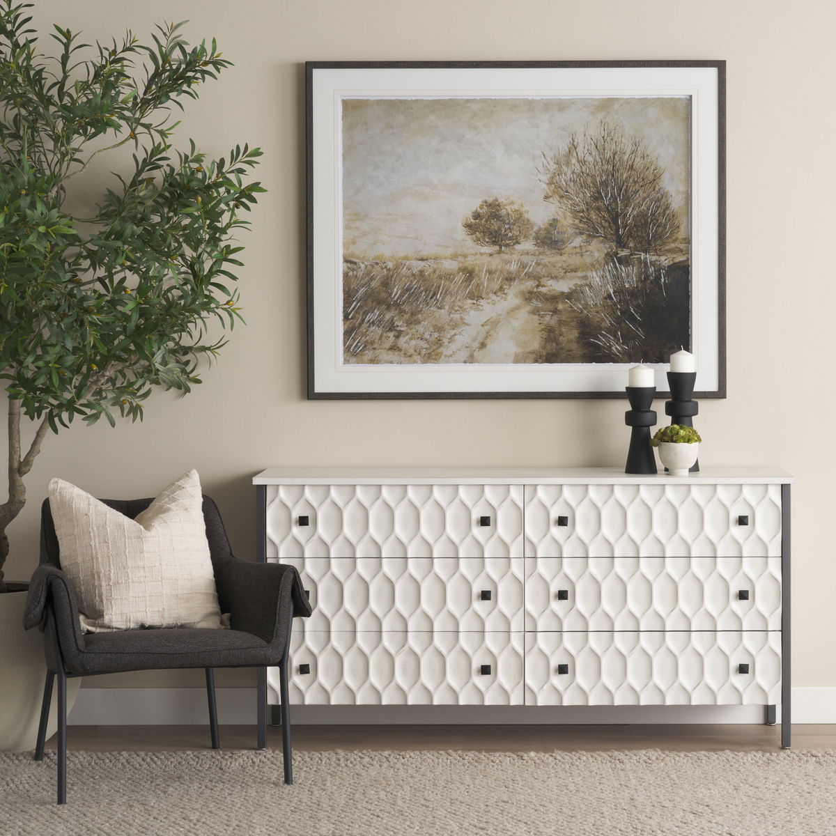 Savannah White Fir Veneer with Gray Metal 6-Drawer Sideboard, Sideboards & Buffet by Mercana, 62.6" length x 15.75" width x 31.5" height View 2