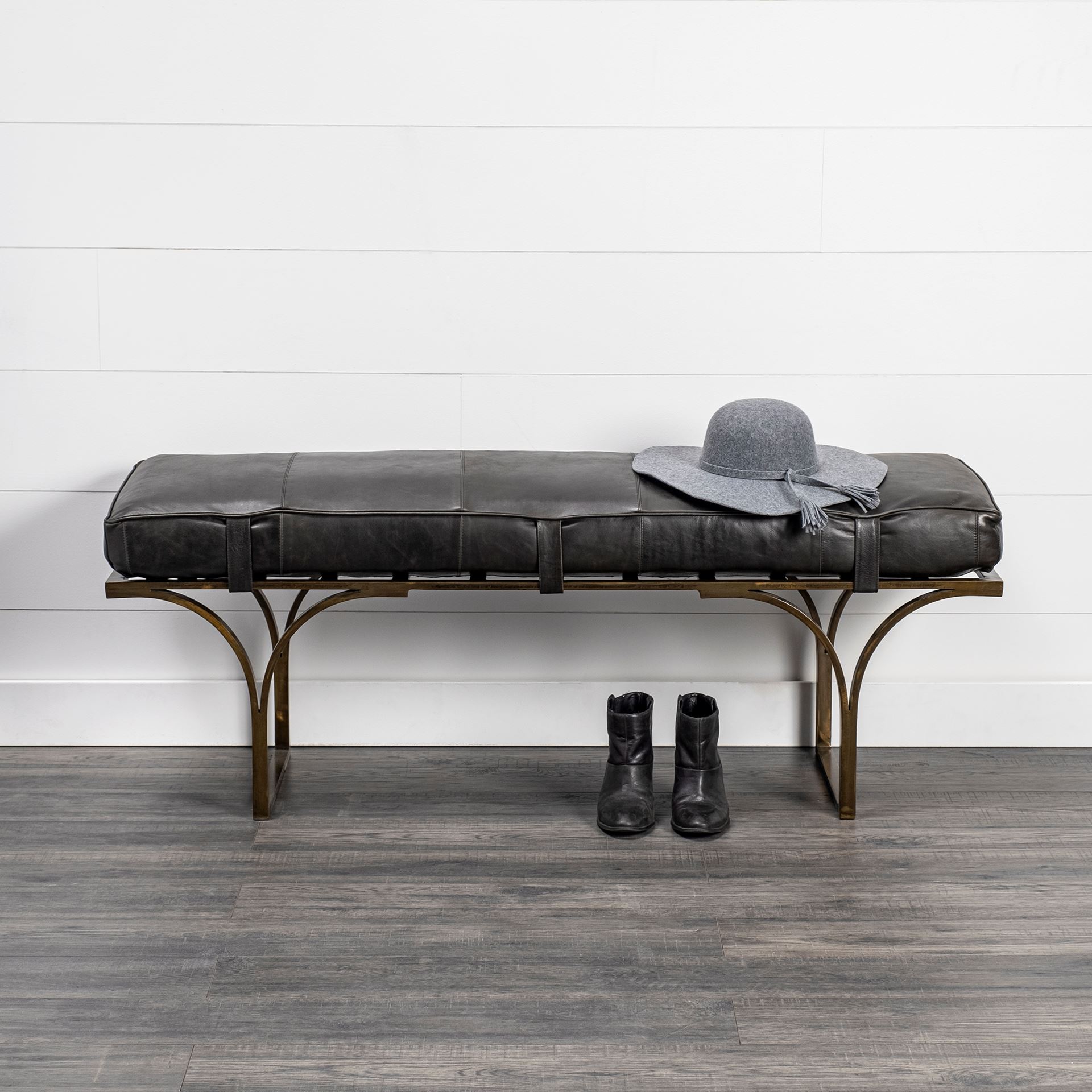 Jessie 55L x 16W Black Leather Seat with Gold Metal Base Accent Bench, Benche by Mercana, 55" length x 16" width x 20" height View 2