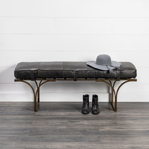 Jessie 55L x 16W Black Leather Seat with Gold Metal Base Accent Bench
