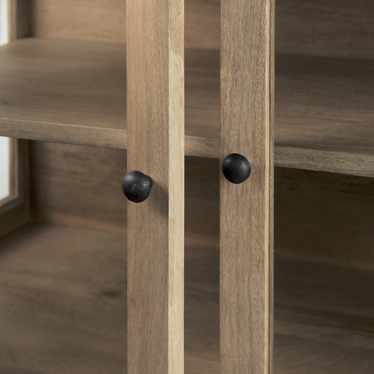 Arelius 36L x 18W x 32H Light Brown Wood, Black Metal Base with 2 Glass Doors Accent Cabinet, Cabinets & Chest by Mercana, 36" length x 18.75" width x 32" height View 9
