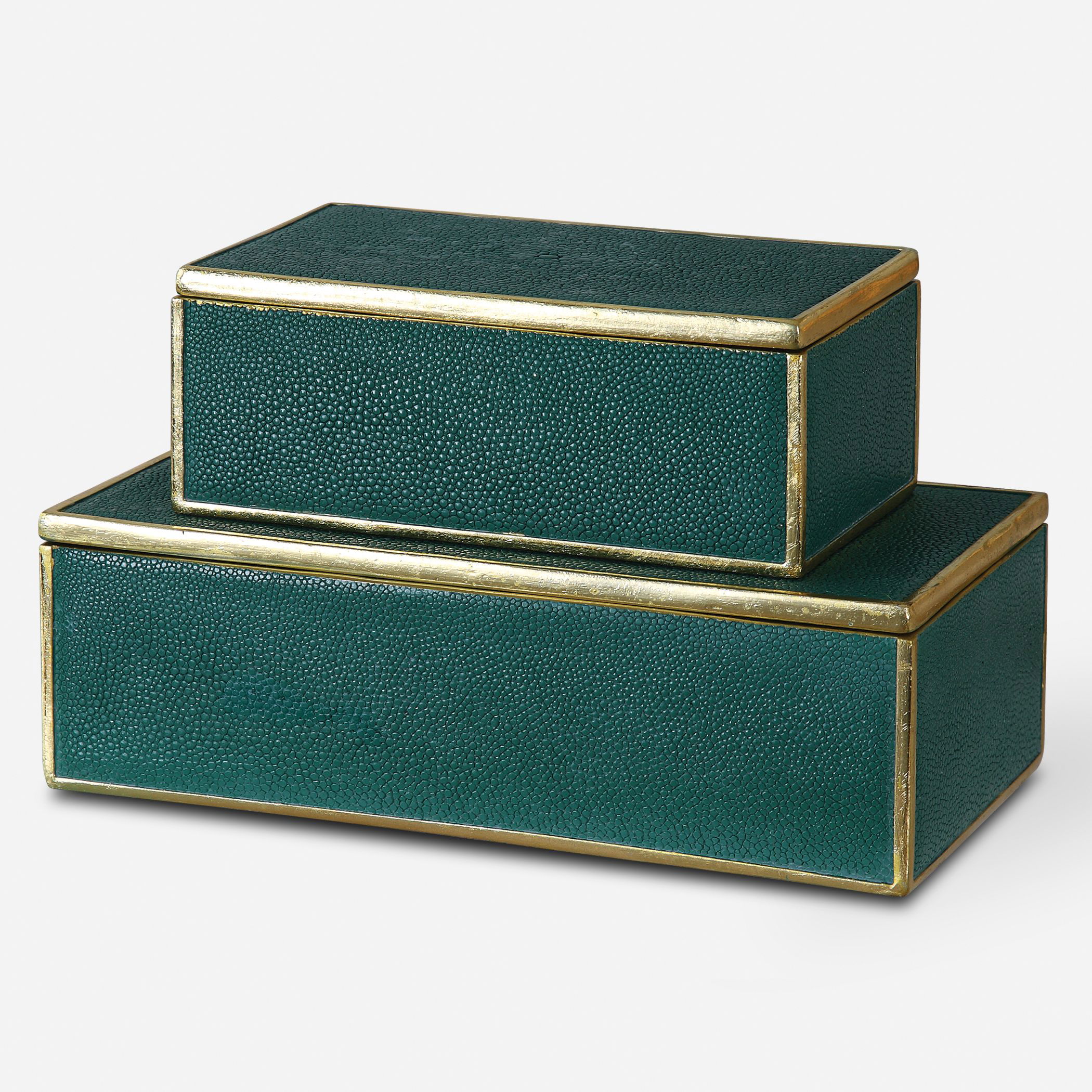 Karis Emerald Green Boxes Set/2, Decorative by Uttermost, 11.75" width x 3.75" height x 6" depth View 1