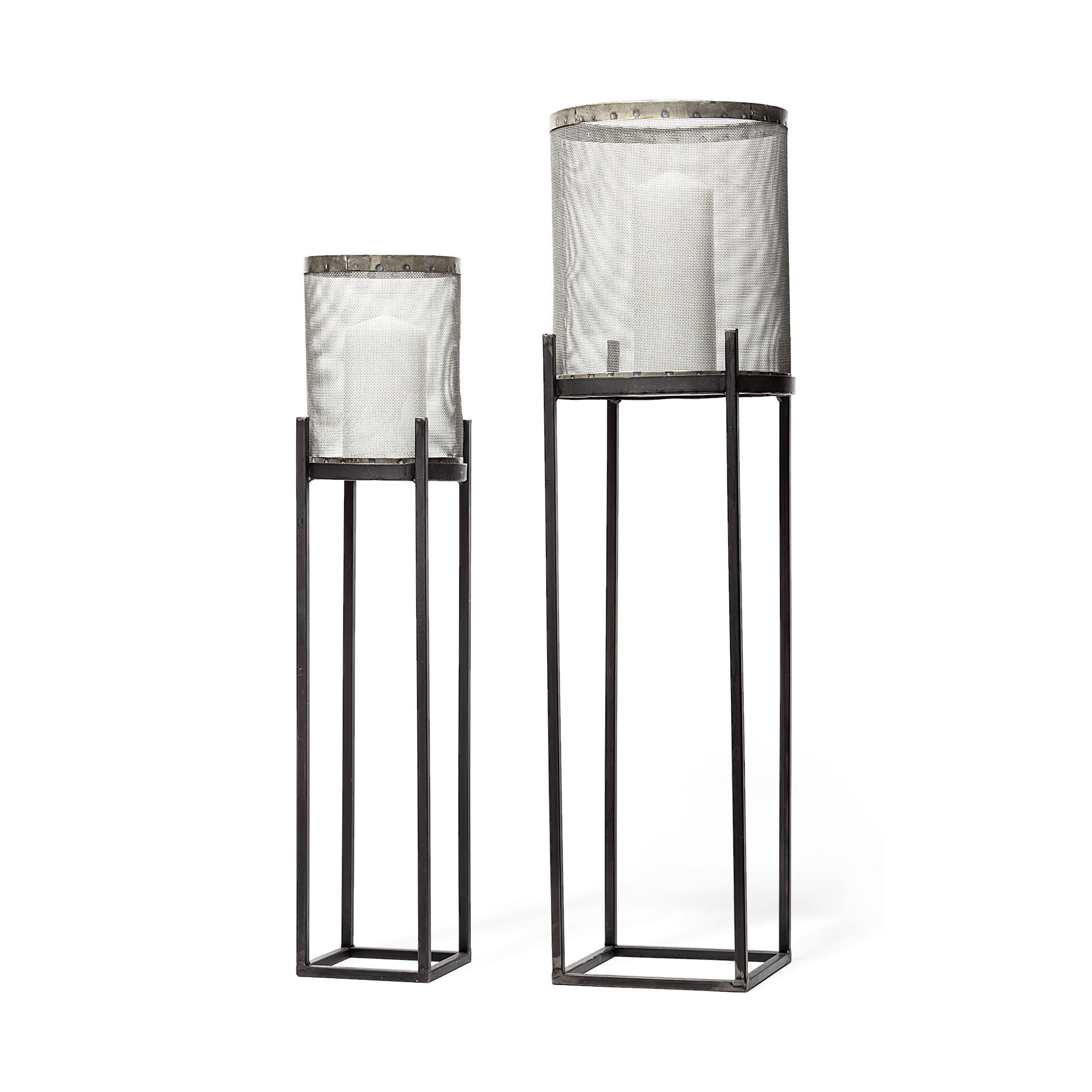 Steen Set of Two Black Meshed Metal Candle Holder Lanterns, Lighting by Mercana, 10" length x 10" width x 31" height View 1