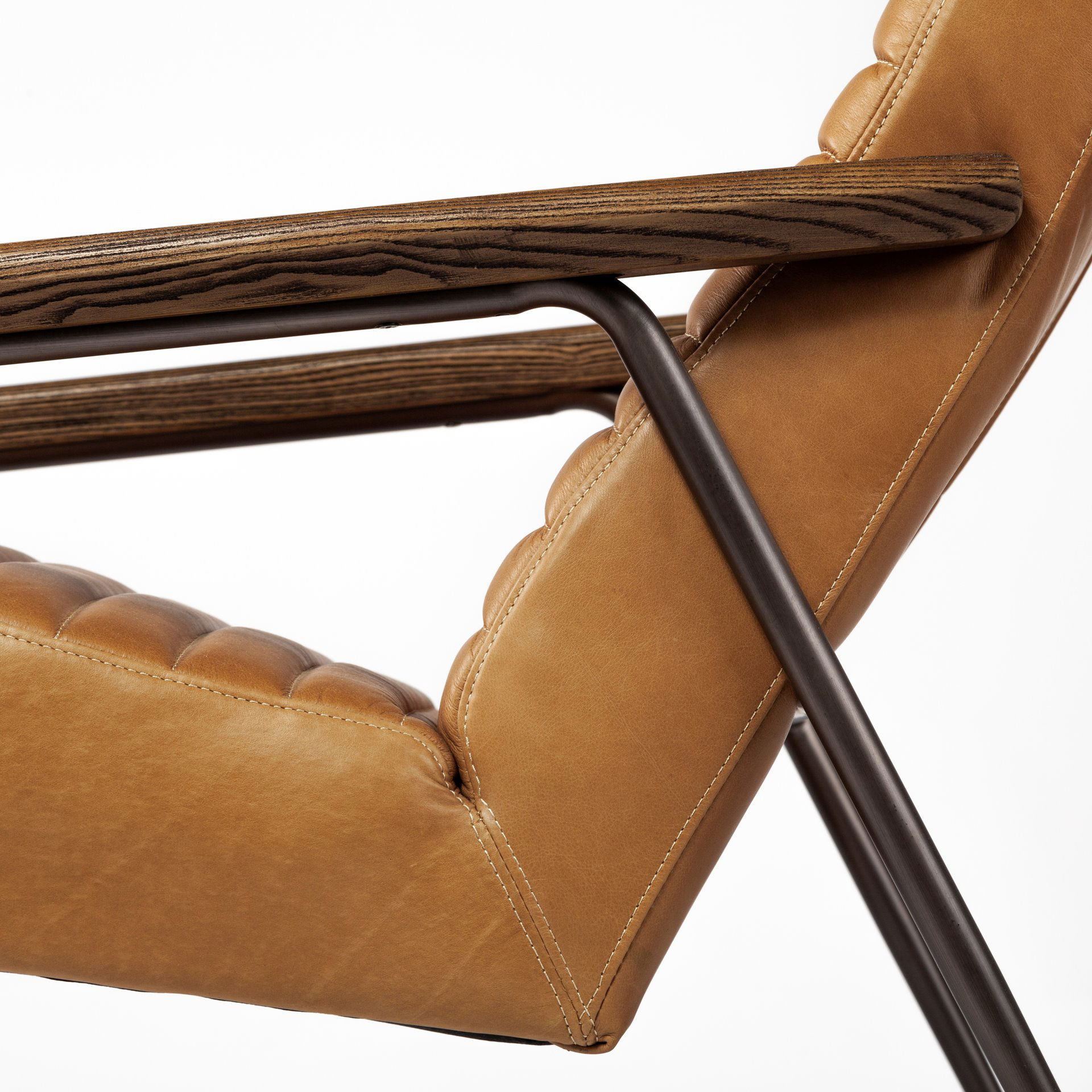 Grosjean Brown Leather Wrap Metal Frame Accent Chair, by Mercana, 27.56" length x 37.01" width x 34.65" height View 11