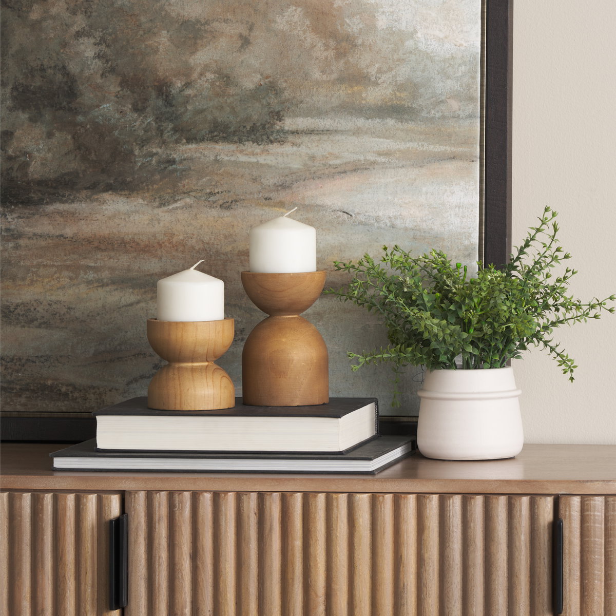 Aleena Wooden Candle Holder (Set of 2), Candles & Candle Holder by Mercana, 4.02" length x 4.02" width x 10.43" height View 2