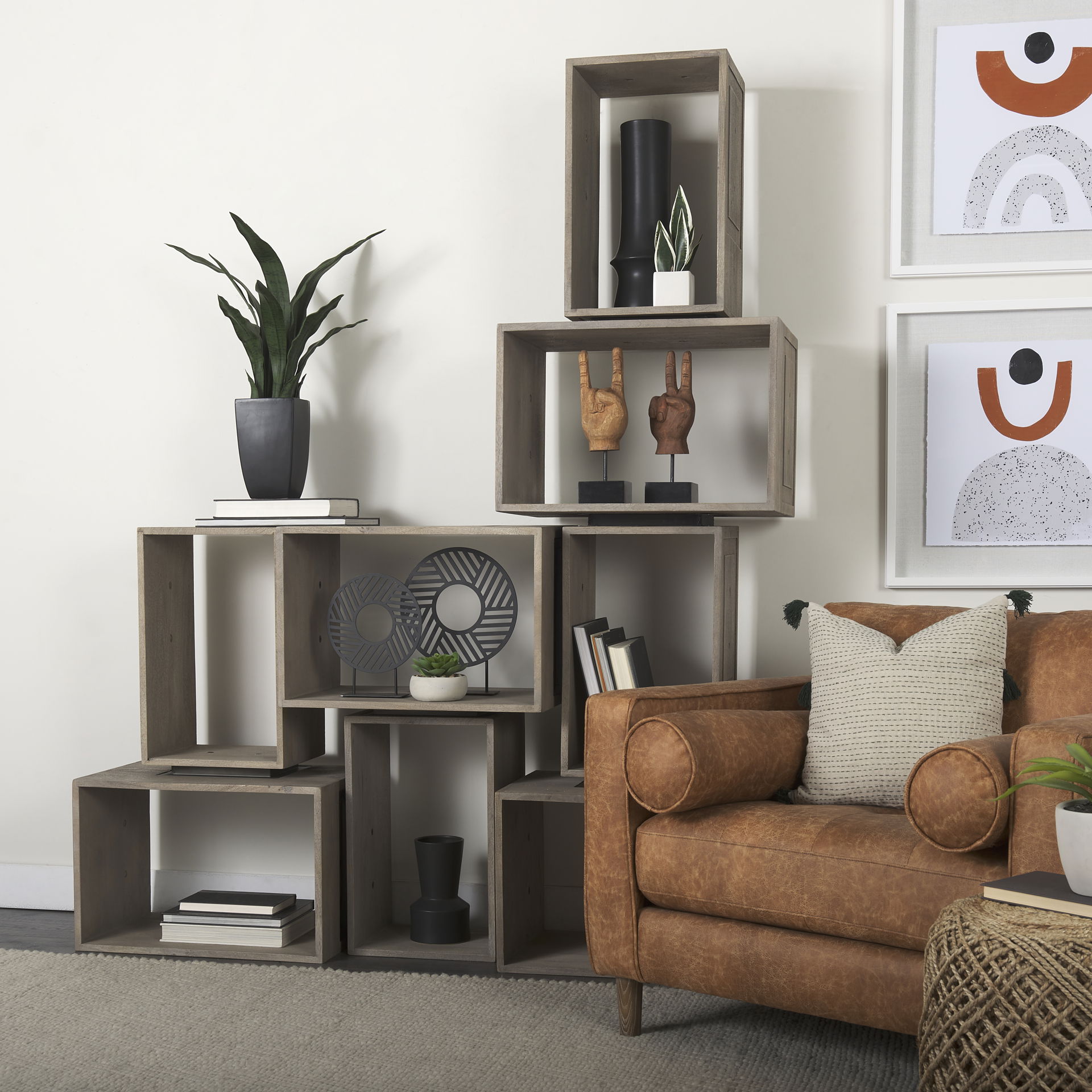 Simul (Set of 2) Light Brown Wood Modular Shelving Unit, Shelving & Bookcase by Mercana, 24" length x 16" width x 16" height View 4