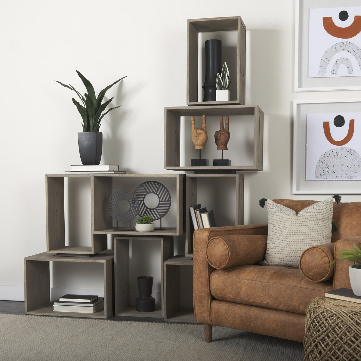 Simul (Set of 2) Light Brown Wood Modular Shelving Unit, Shelving & Bookcase by Mercana, 24" length x 16" width x 16" height View 4