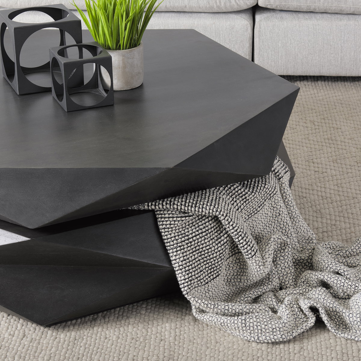 Arreto 48' Black Solid Wood Hexagonal Storage Coffee Table, by Mercana, 48" length x 48" width x 15" height View 4