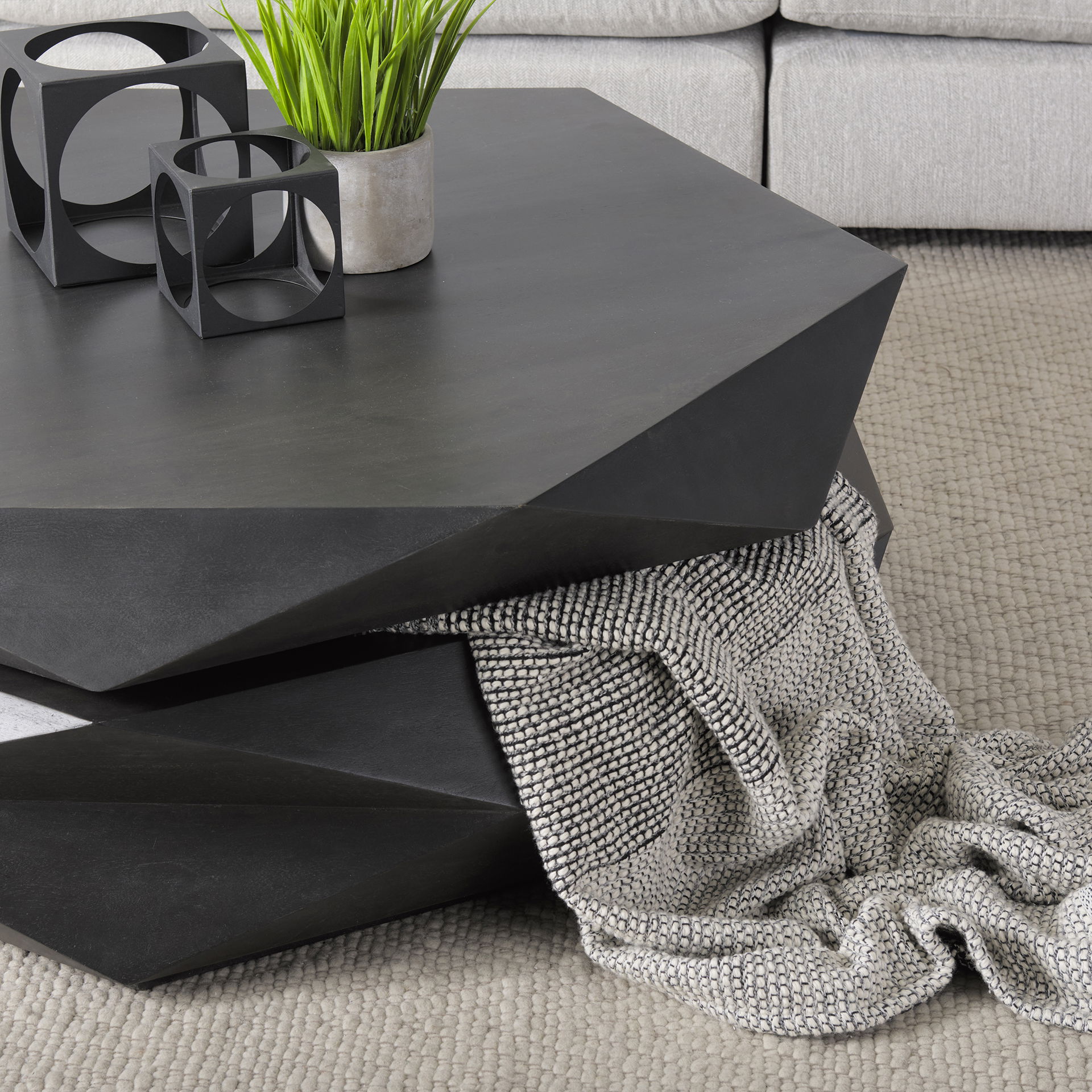 Arreto Black Solid Wood Hexagonal Storage Coffee Table, by Mercana, 48" length x 48" width x 15" height View 4