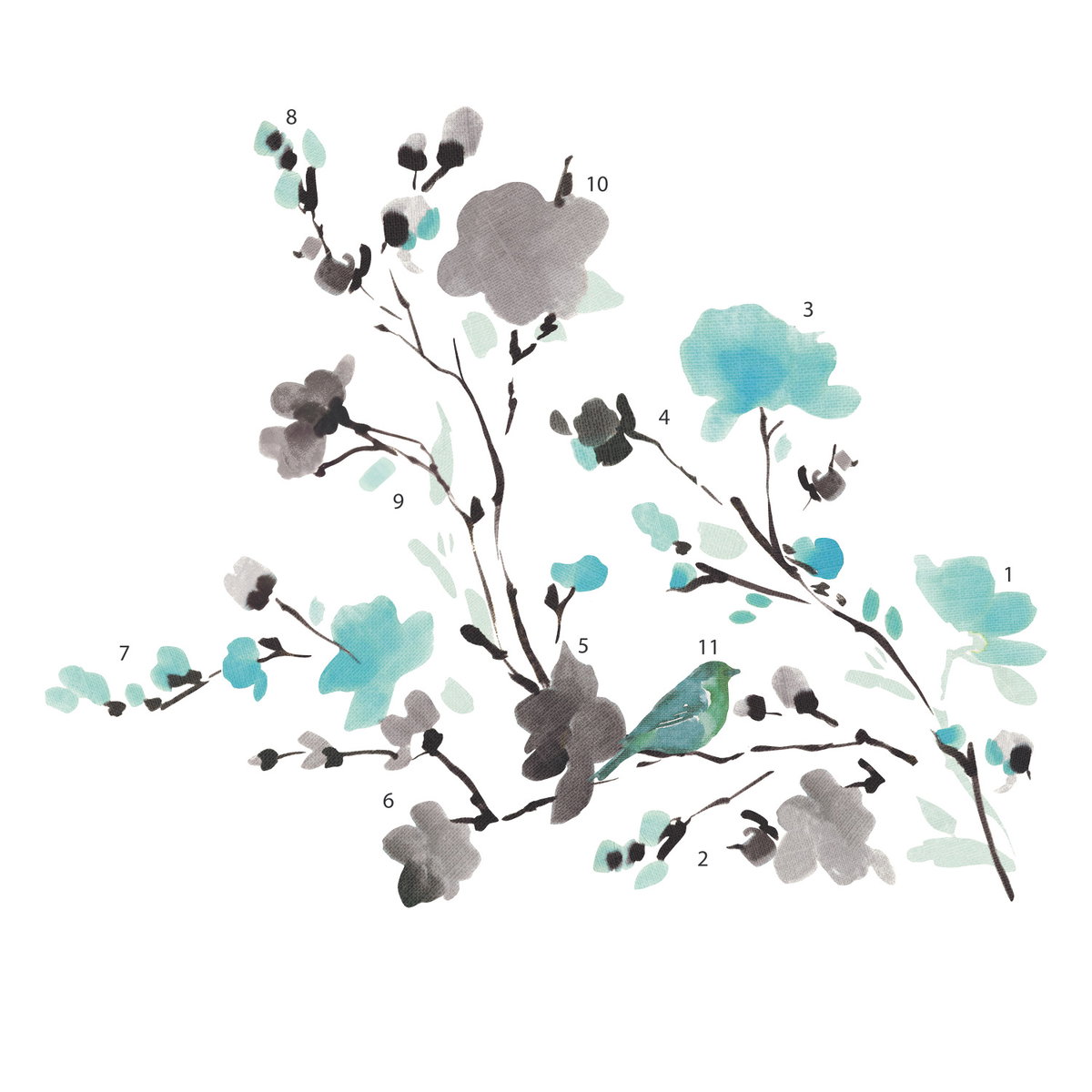 Blossom Watercolor Bird Branch Wall Decals, by York Wall, 1'6" length x 10" width x 0.02" depth