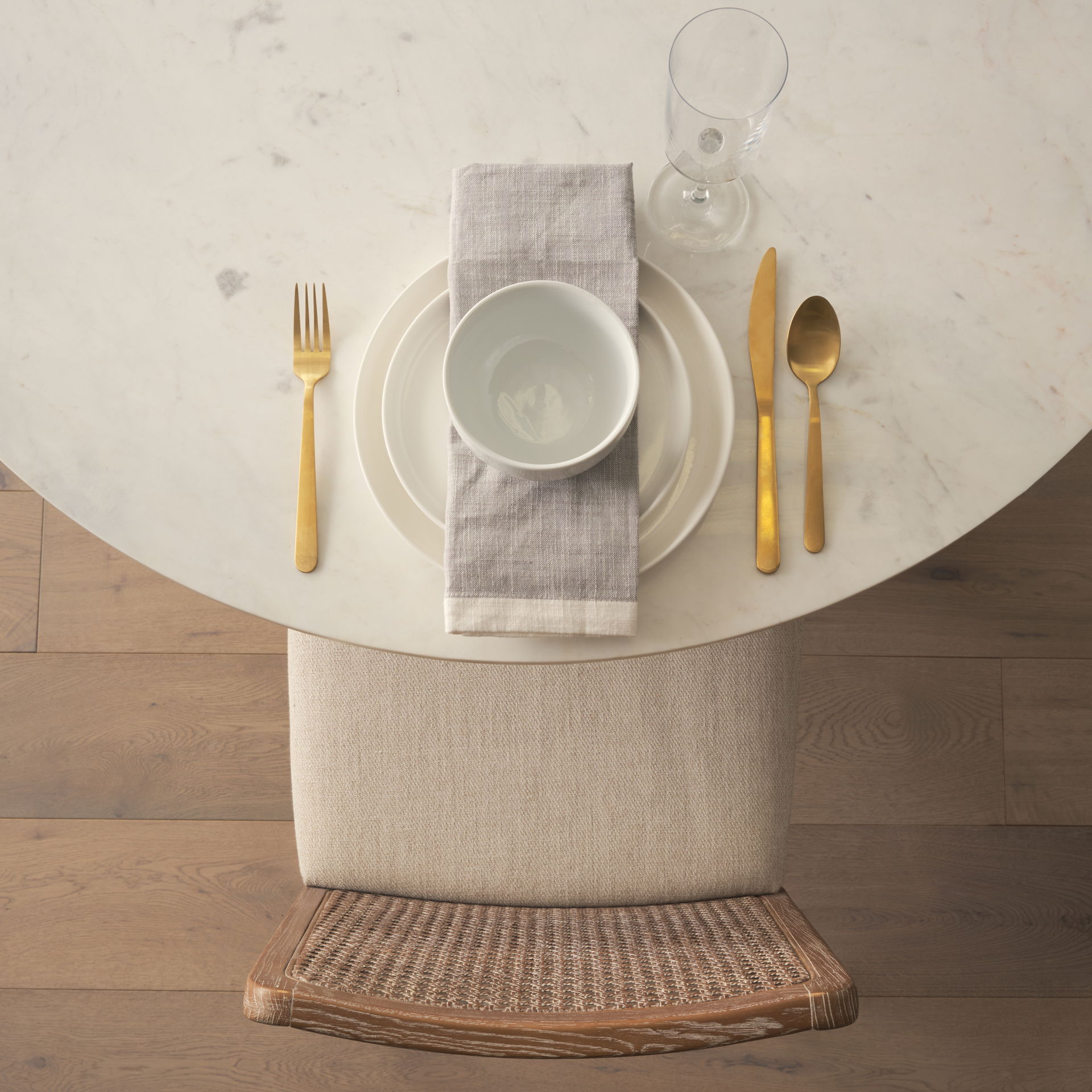 Clara Light Brown Wood with Cream Fabric Seat and Cane Back Armless Dining Chair, by Mercana, 18" length x 23.25" width x 33.75" height View 3