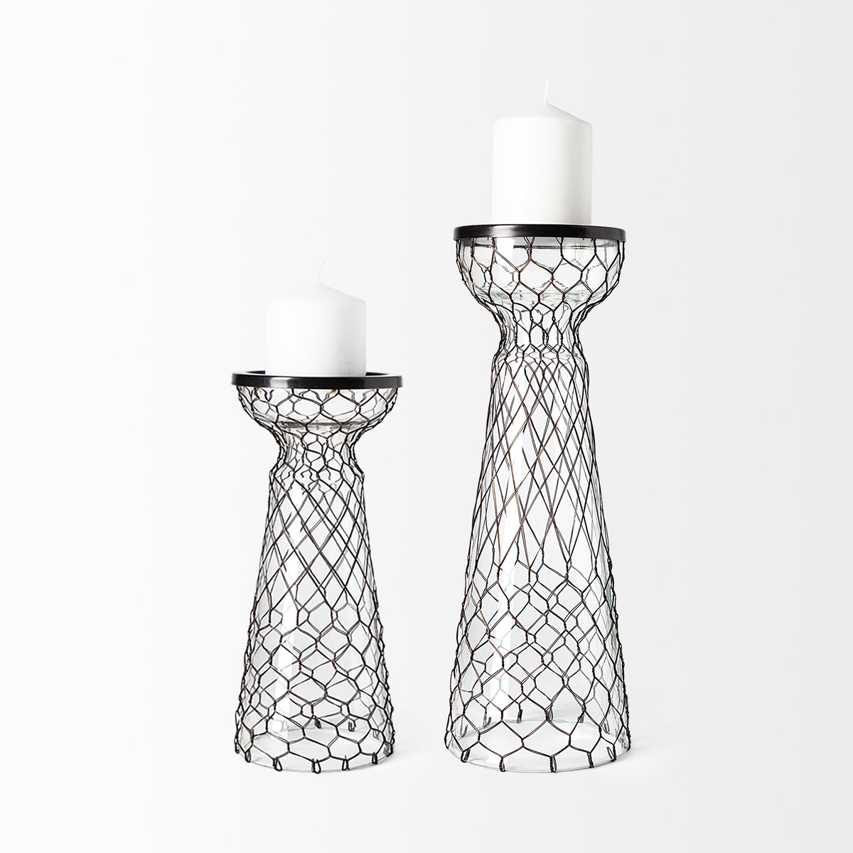 Shandra I Small Glass with Metal Wire Snakeskin Pattern Table Candle Holder, Candles & Candle Holder by Mercana, 5" length x 5" width x 11.25" height View 3