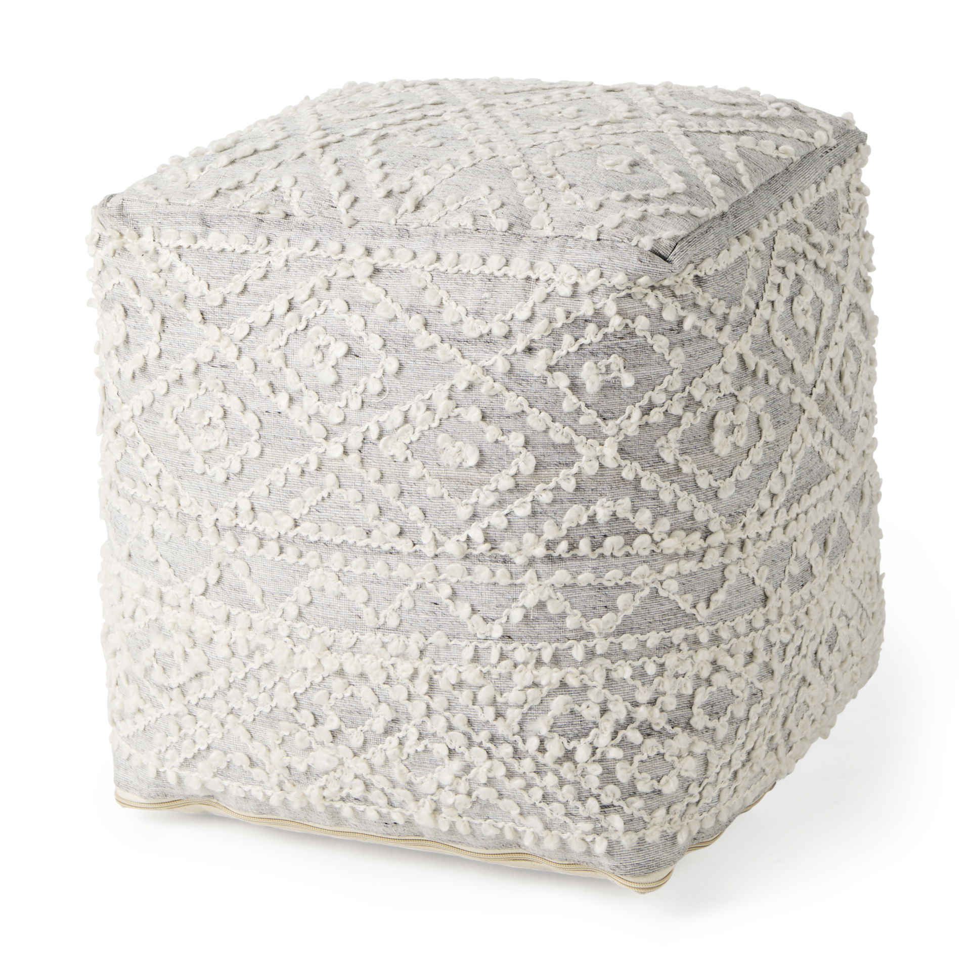 Farida 6.0L x 16.0W x 16.0H Light Gray Wool and Polyester Patterned Pouf, Ottoman by Mercana, 16" length x 16" width x 16" height View 1