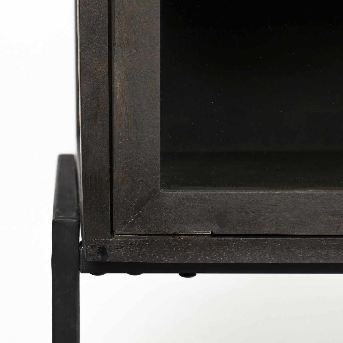 Arelius  36L x 18W Black-Brown Wood, Black Metal Base with 2 Glass Doors Accent Cabinet, Cabinets & Chest by Mercana, 36" length x 18" width x 32" height View 12