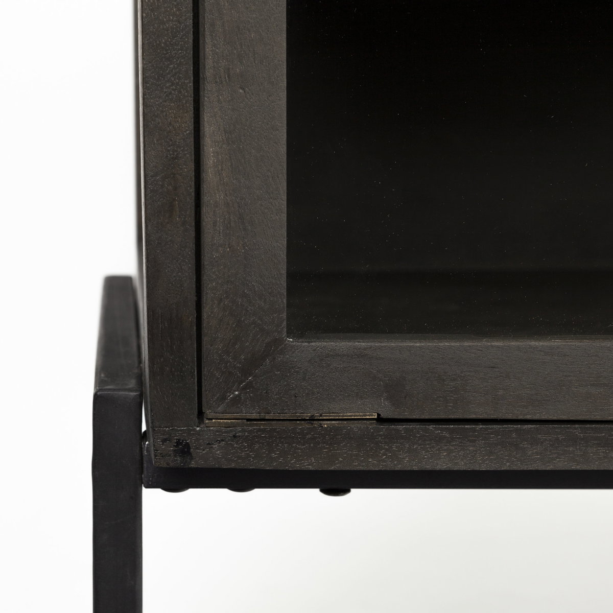 Arelius  36L x 18W Black-Brown Wood, Black Metal Base with 2 Glass Doors Accent Cabinet, Cabinets & Chest by Mercana, 36" length x 18" width x 32" height View 12