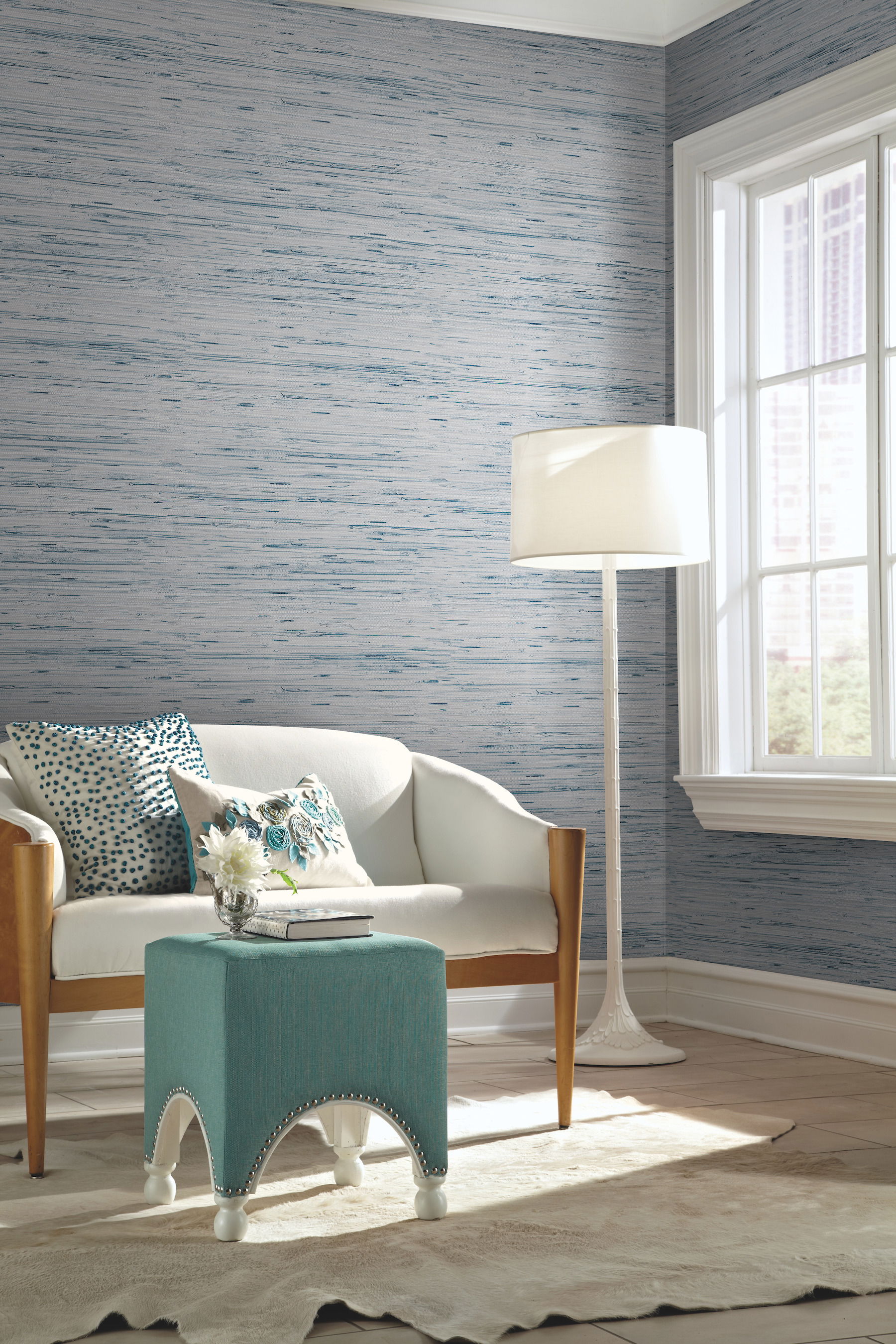 Lustrous Grasscloth Blue & Gold Wallpaper, by York Wall, 33' length x 1'9" width x 0.02" depth View 2