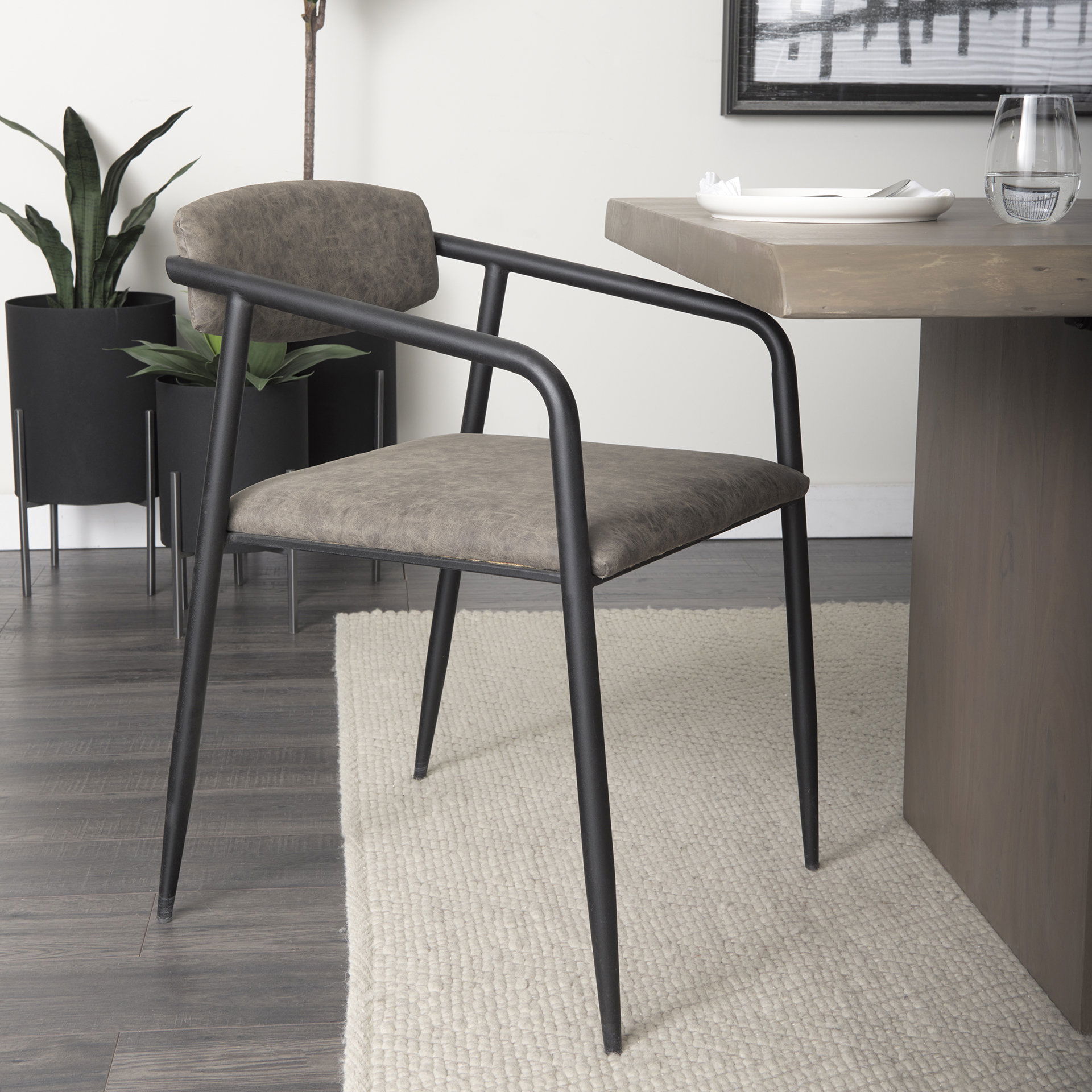Langston Brown Faux-Leather Seat Black Iron Frame Dining Chair large image 