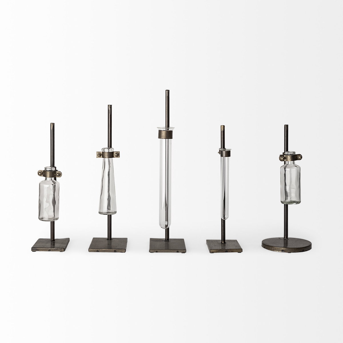 Jarvis Set of Five Dark Brown Metal and Glass Chemistry Inspired Bottles, Vase by Mercana, 5" length x 5.12" width x 12.5" height View 5