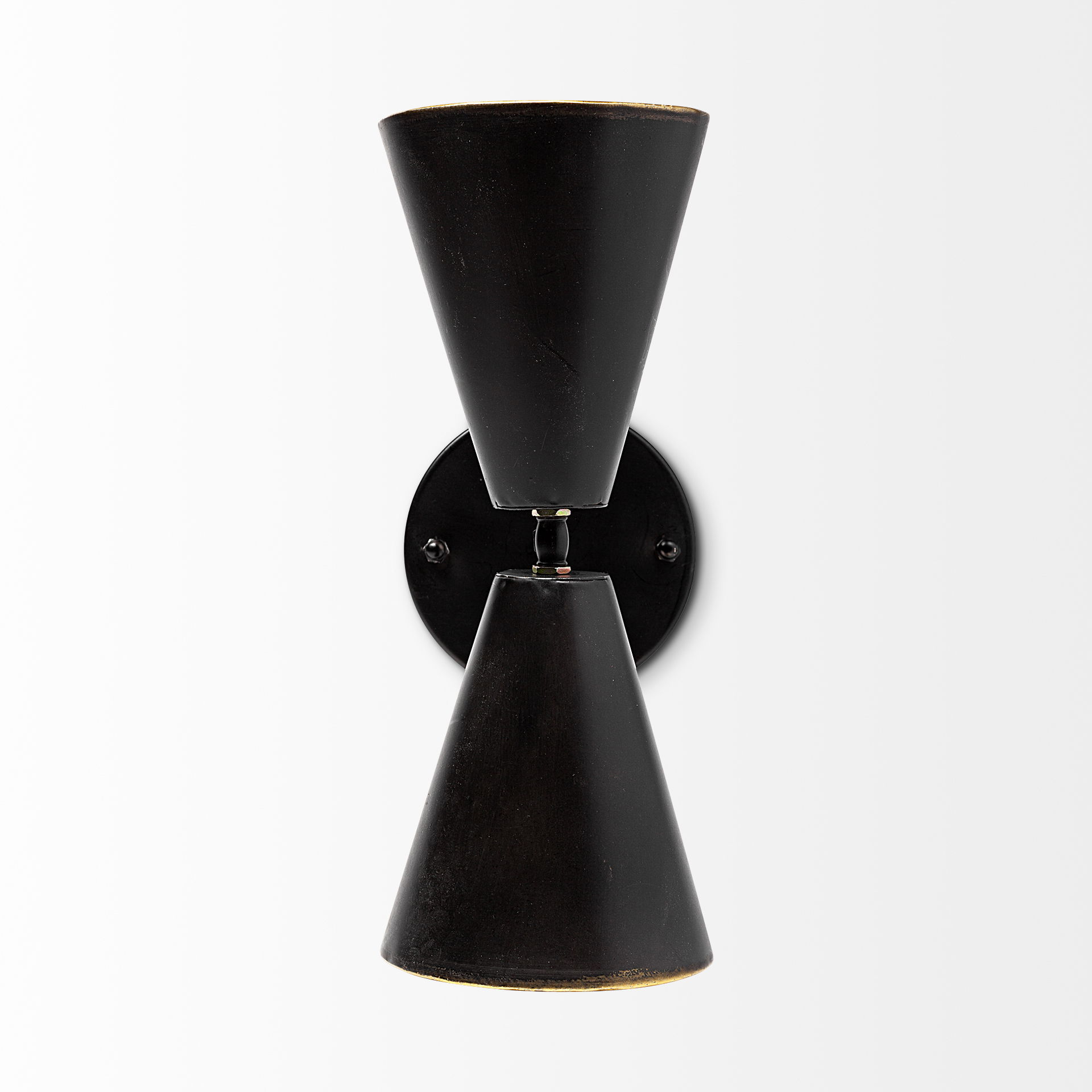 Eris II 7.3x12.6 Black Metal with Gold Accent Double-Cone Wall Sconce, by Mercana, 7.28" length x 5.12" width x 12.6" height View 2