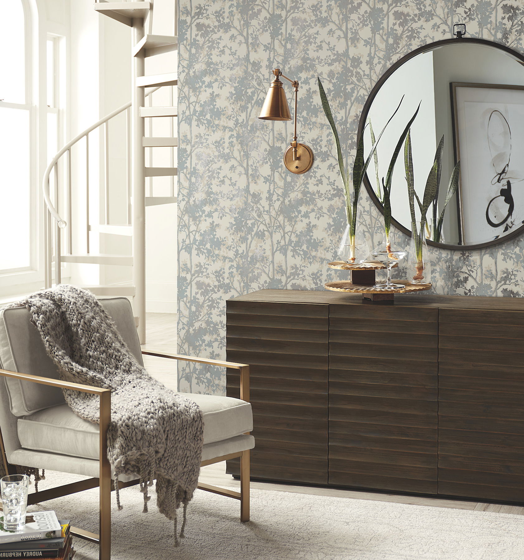 Shimmering Foliage Cream & Silver Wallpaper large image 