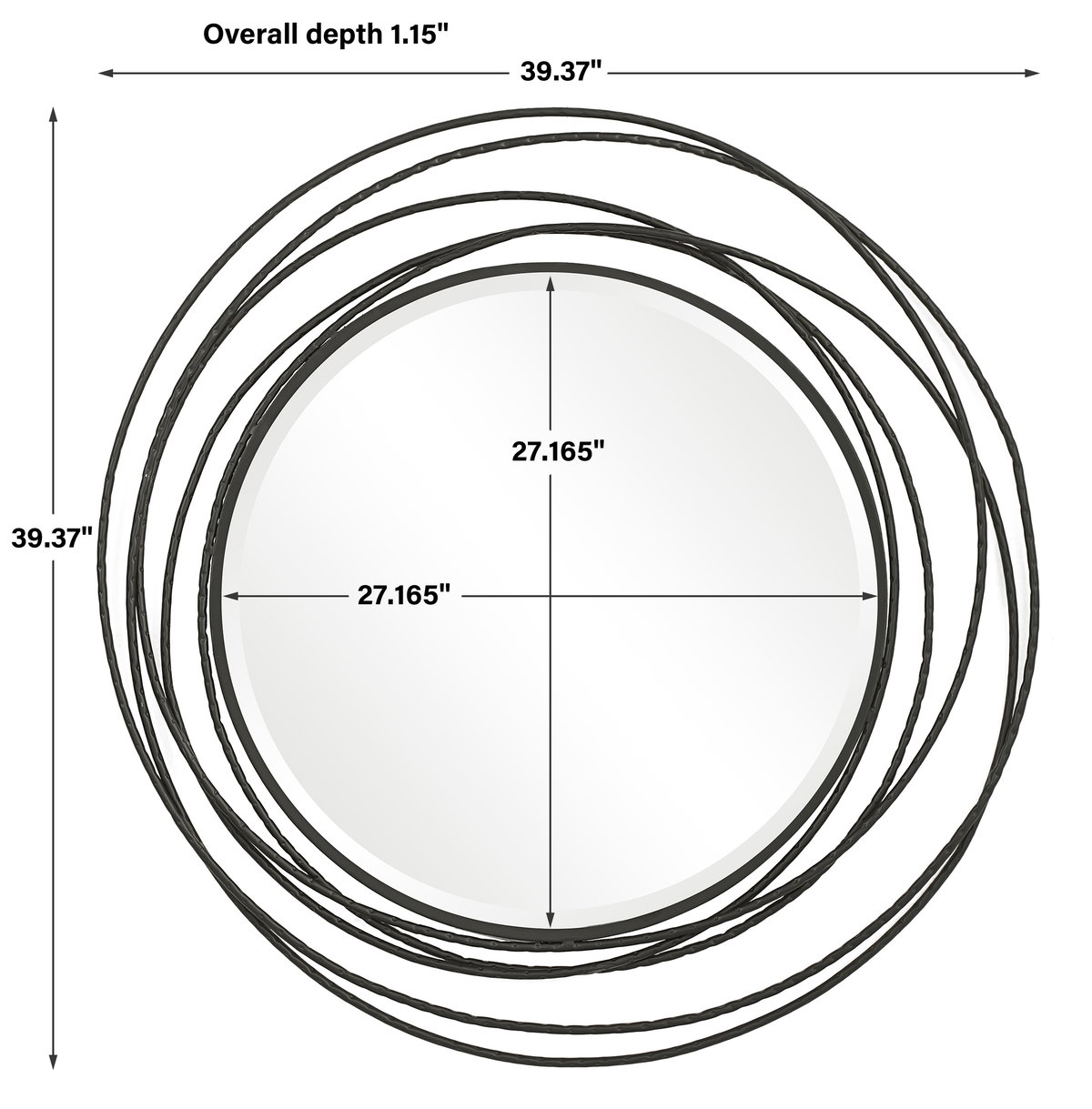 Whirlwind Black Round Mirror, by Uttermost, 39.37" width x 39.37" height x 1.15" depth View 3