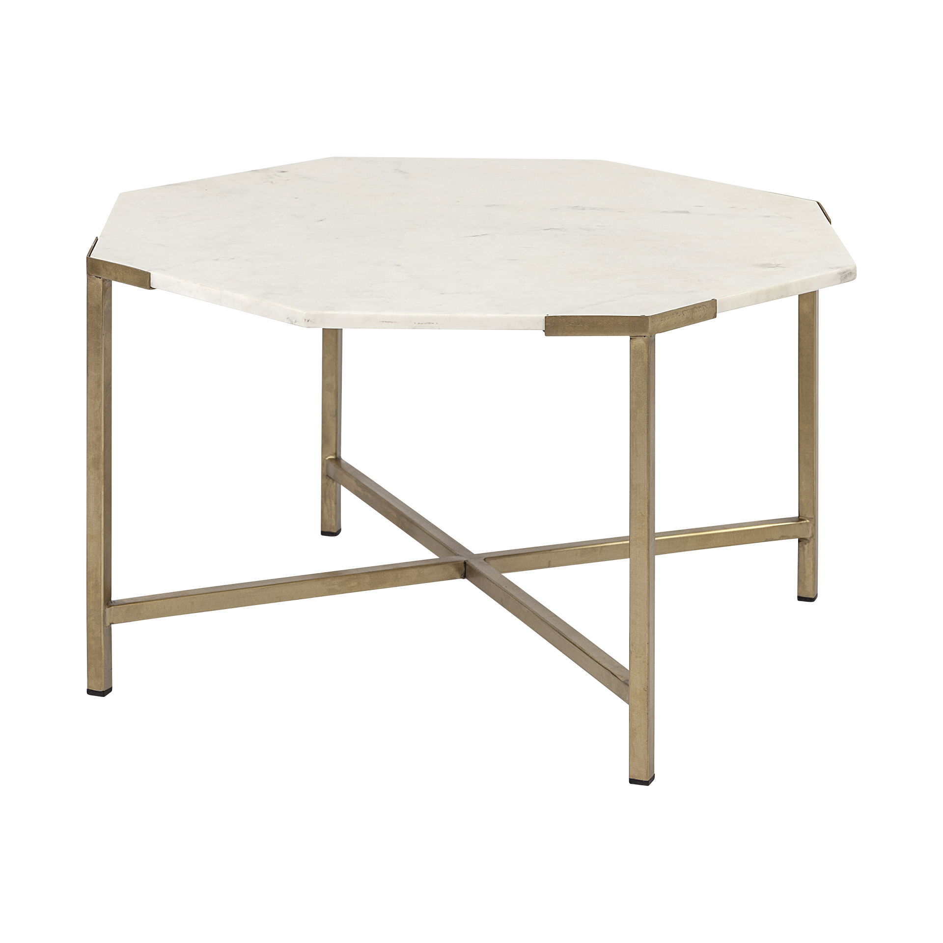 Vincent 33' Octagonal White Marble Tabletop with Gold Metal Base Coffee Table, by Mercana, 32.75" length x 32.75" width x 17" height View 1
