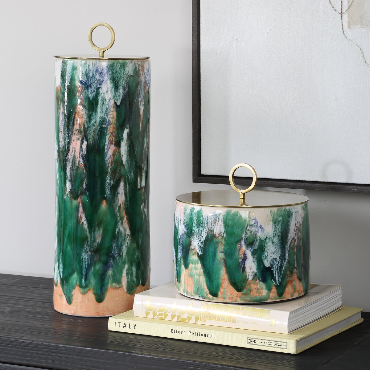 Sylvie Ceramic Containers Set/2, by Uttermost, 6" width x 1'6.25" height x 6" depth View 2