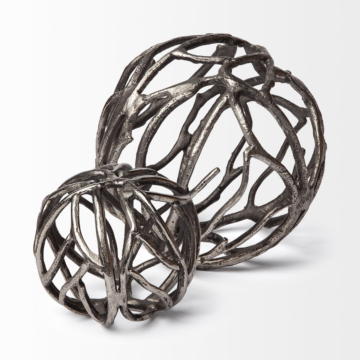 Sphaira I Small 5L x 5W Silver Cast Aluminum Decorative Tree Branch Orb, Decorative Object by Mercana, 4.75" length x 4.75" width x 4.75" height View 4