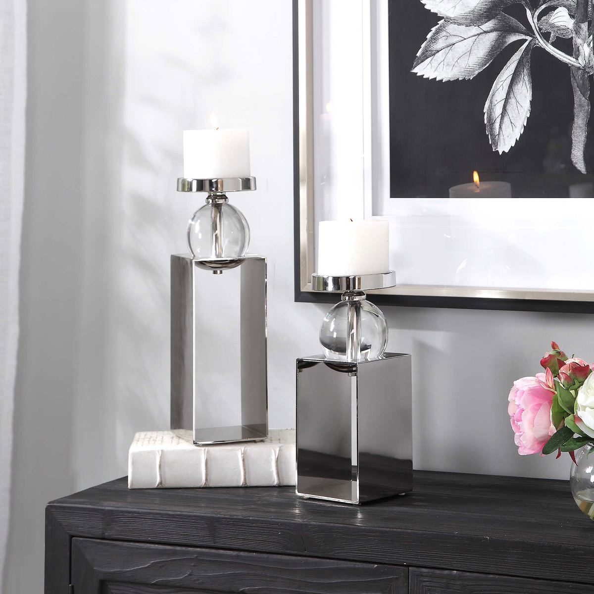 Lucian Nickel Candleholders Set/2, Candles & Candle Holder by Uttermost, 4.5" width x 14.5" height x 4.5" depth View 2