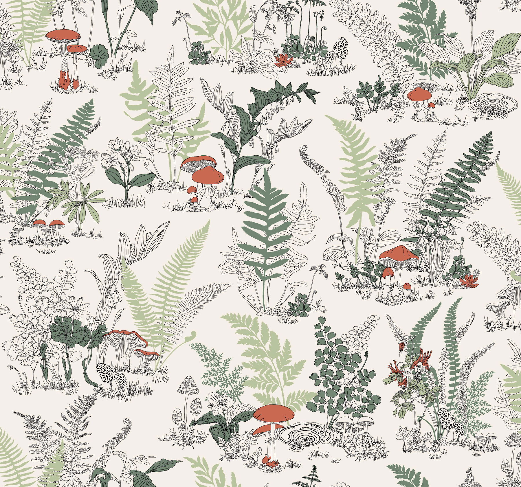 Mushroom Garden Toile Red & Green Wallpaper, by York Wall, 27' length x 2'3" width x 0.02" depth View 1