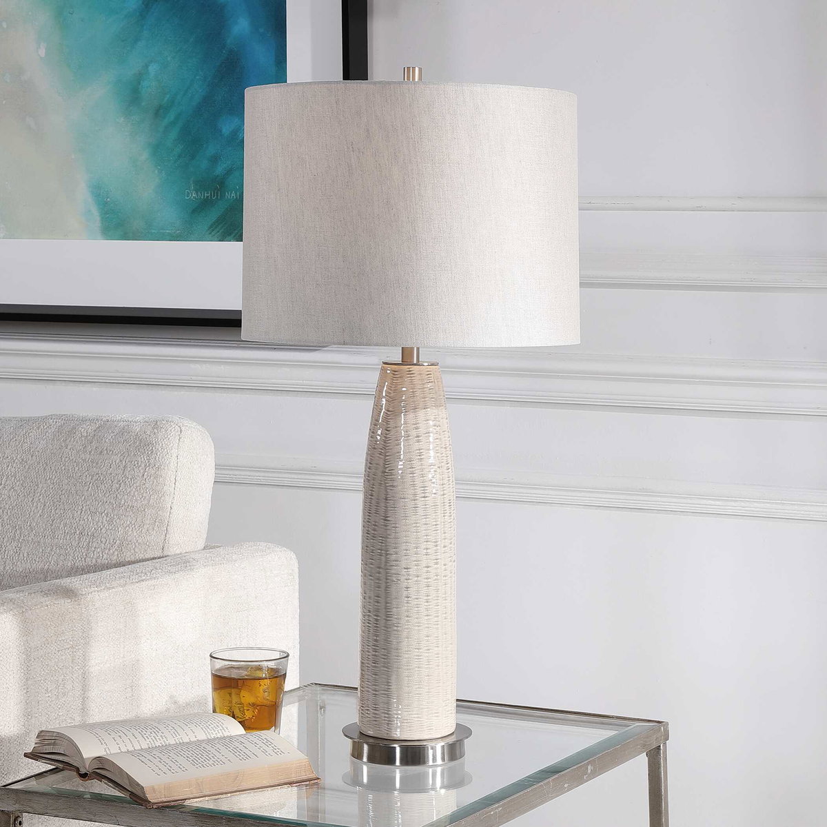 Delgado Light Gray Table Lamp, by Uttermost, 14" width x 27" height x 14" depth View 2