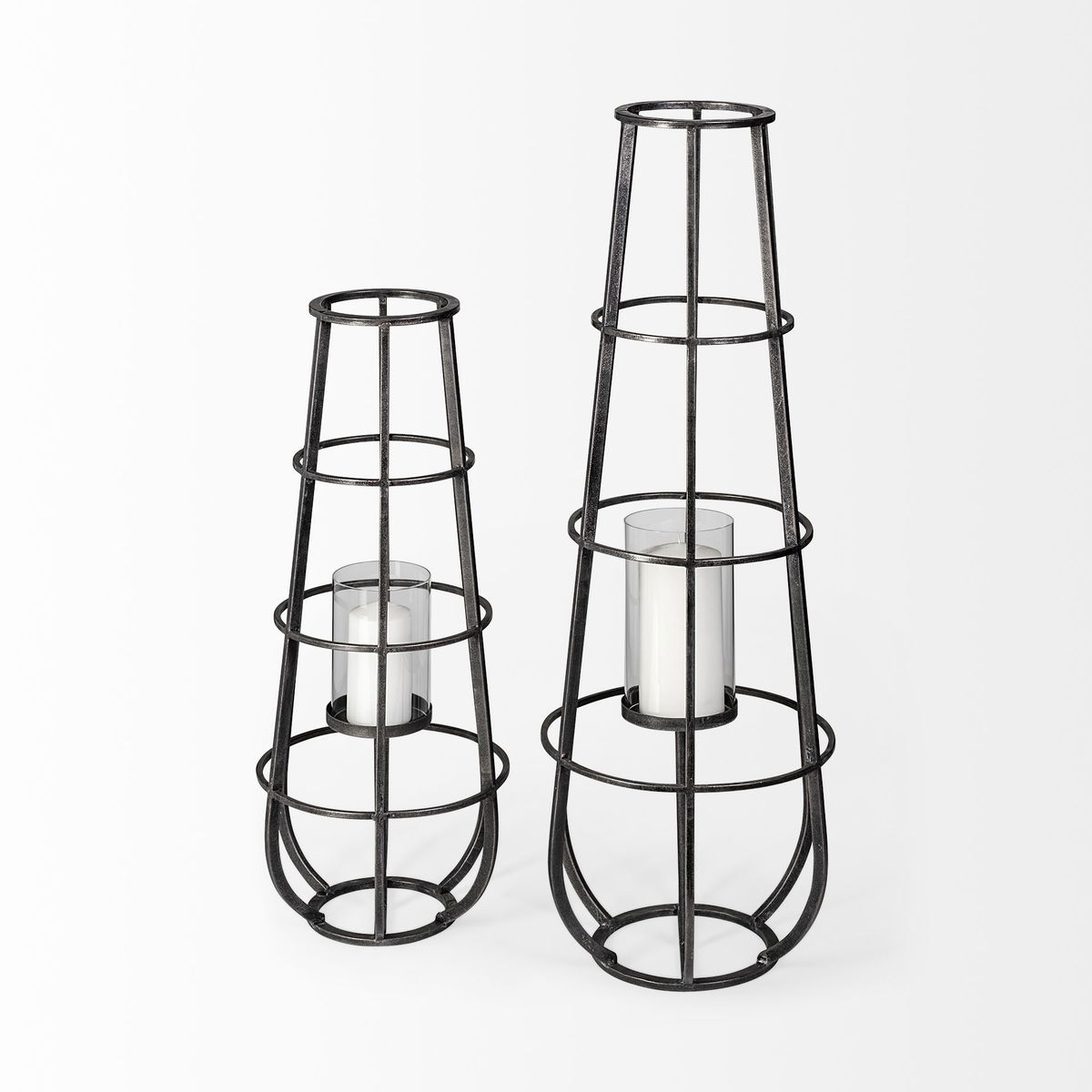 Bella Large Black Metal Cylindrical Cage Candle Holder Lantern, Lighting by Mercana, 14.17" length x 13.19" width x 39.96" height View 3