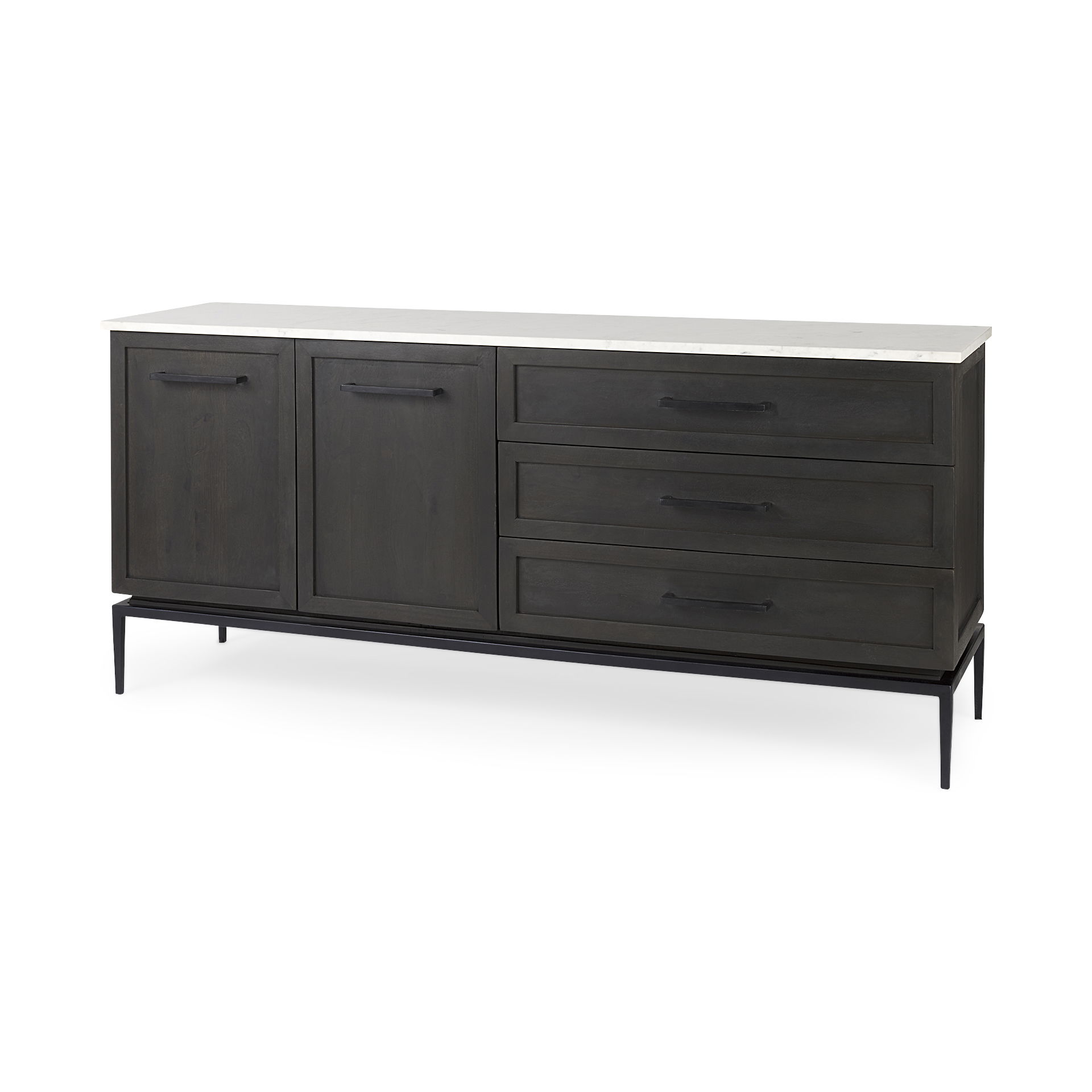 Divina Black-Brown Wood with White Marble Top and Black Metal Base Sideboard, Sideboards & Buffet by Mercana, 71" length x 18.5" width x 32" height View 1