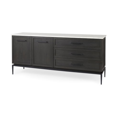 Divina Black-Brown Wood with White Marble Top and Black Metal Base Sideboard