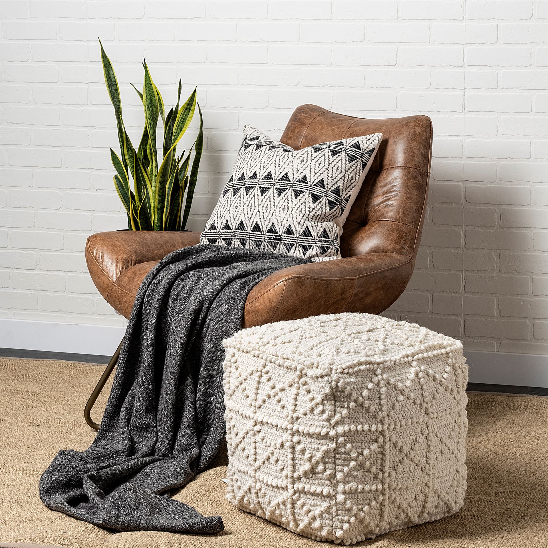 Leroy Square Cream Wool Pouf with Popcorn Detail, Ottoman by Mercana, 17.72" length x 17.72" width x 17.72" height View 3