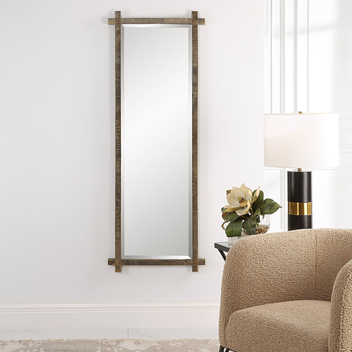 Abanu Ribbed Gold Dressing Mirror, Floor Mirror by Uttermost, 22" width x 60.25" height x 1.25" depth View 6
